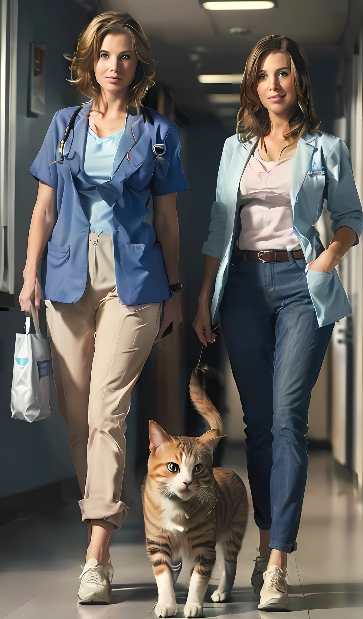 two veterinary women walking down a hallway with a cat and a dog, promotional image, publicity photo, true realistic image, promotional image, photo render, promotional image, environmental shot, promotional photography, medical photography, photo still, promotional images, promotional photo, woman and cat, promotional render, promotional photo, nurse scrub, photo still, closeup photography,