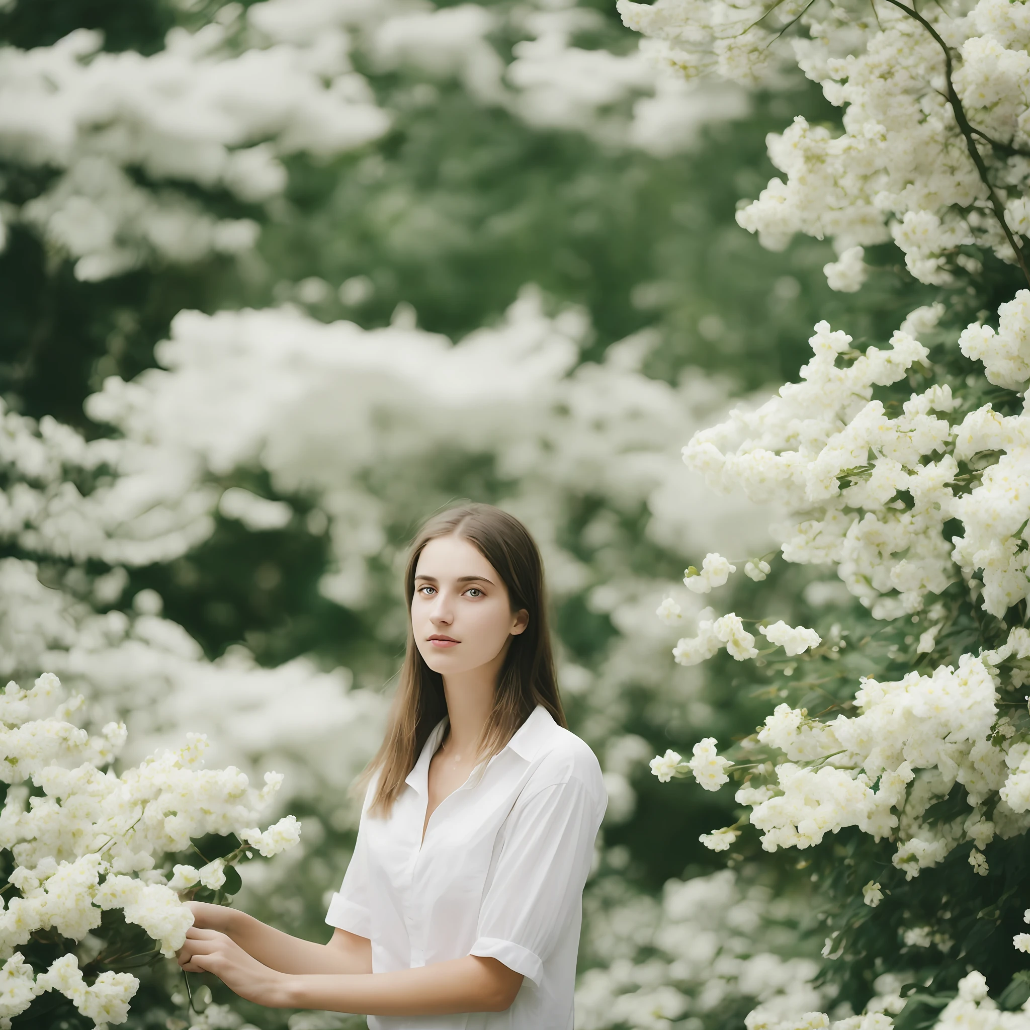 Sad theme , (best quality, masterpiece:1.2), 18yo beautiful girl in garden, white shirt, (white flowers mess in background:1.3), shoot the Sony a7,3.5 mm Lens, f 1.8 apature, lighting glow effect,no retouching,raw photo realistic, skin texture is very detail ,no makeup,
