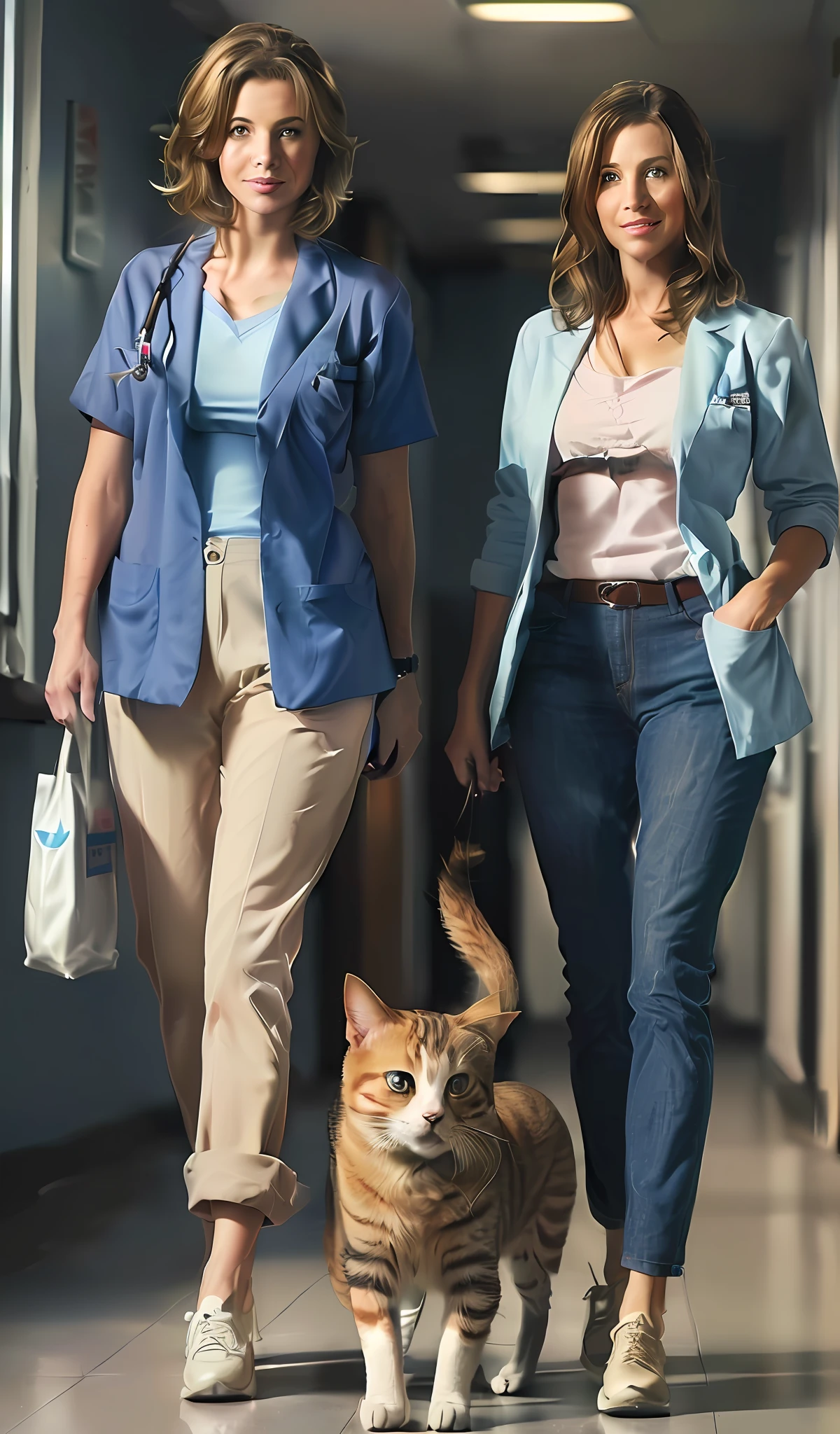 two veterinary women walking down a hallway with a cat and a dog, promotional image, publicity photo, true realistic image, promotional image, photo render, promotional image, environmental shot, promotional photography, medical photography, photo still, promotional images, promotional photo, woman and cat, promotional render, promotional photo, nurse scrub, photo still, closeup photography,