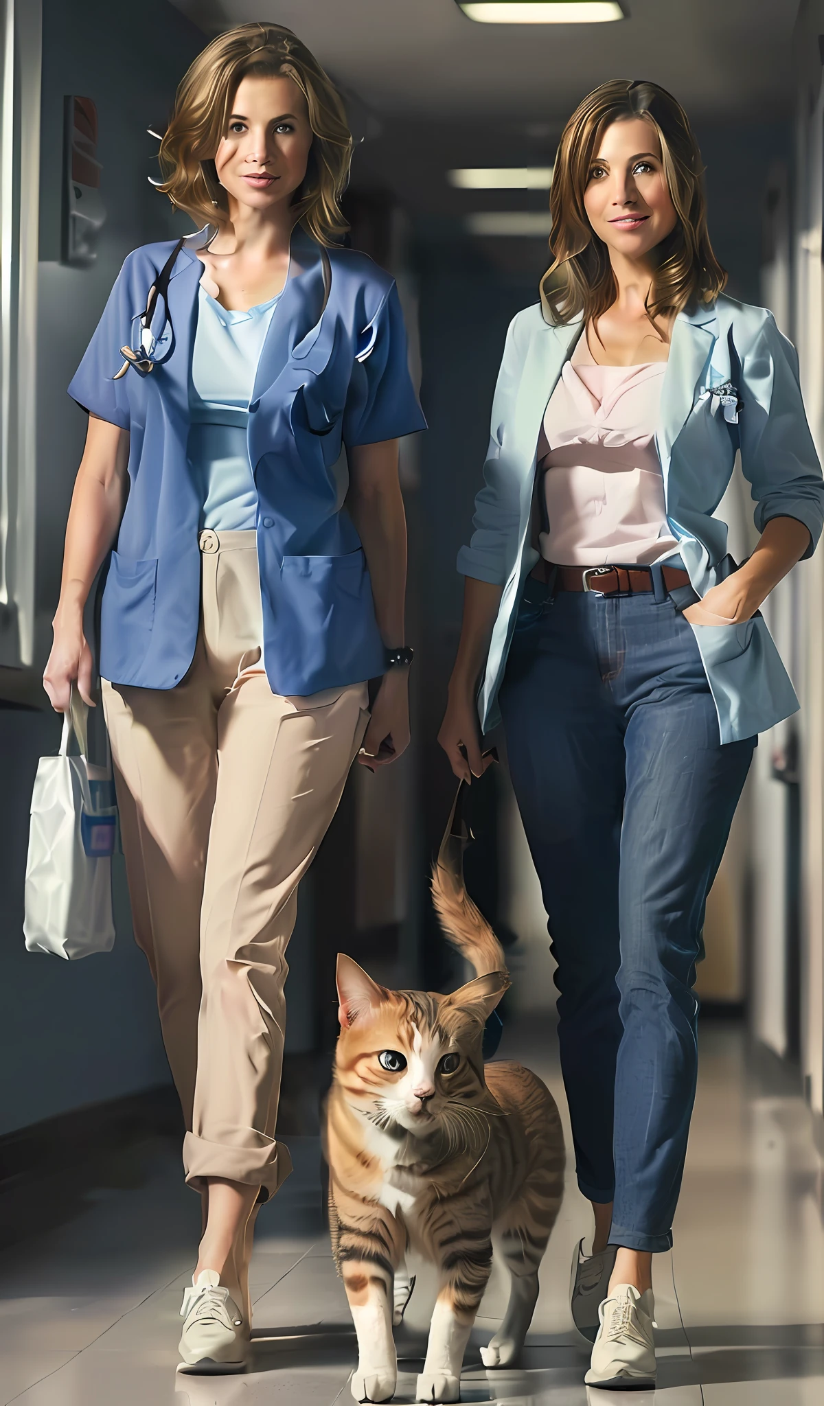 two veterinary women walking down a hallway with a cat and a dog, promotional image, publicity photo, true realistic image, promotional image, photo render, promotional image, environmental shot, promotional photography, medical photography, photo still, promotional images, promotional photo, woman and cat, promotional render, promotional photo, nurse scrub, photo still, closeup photography,