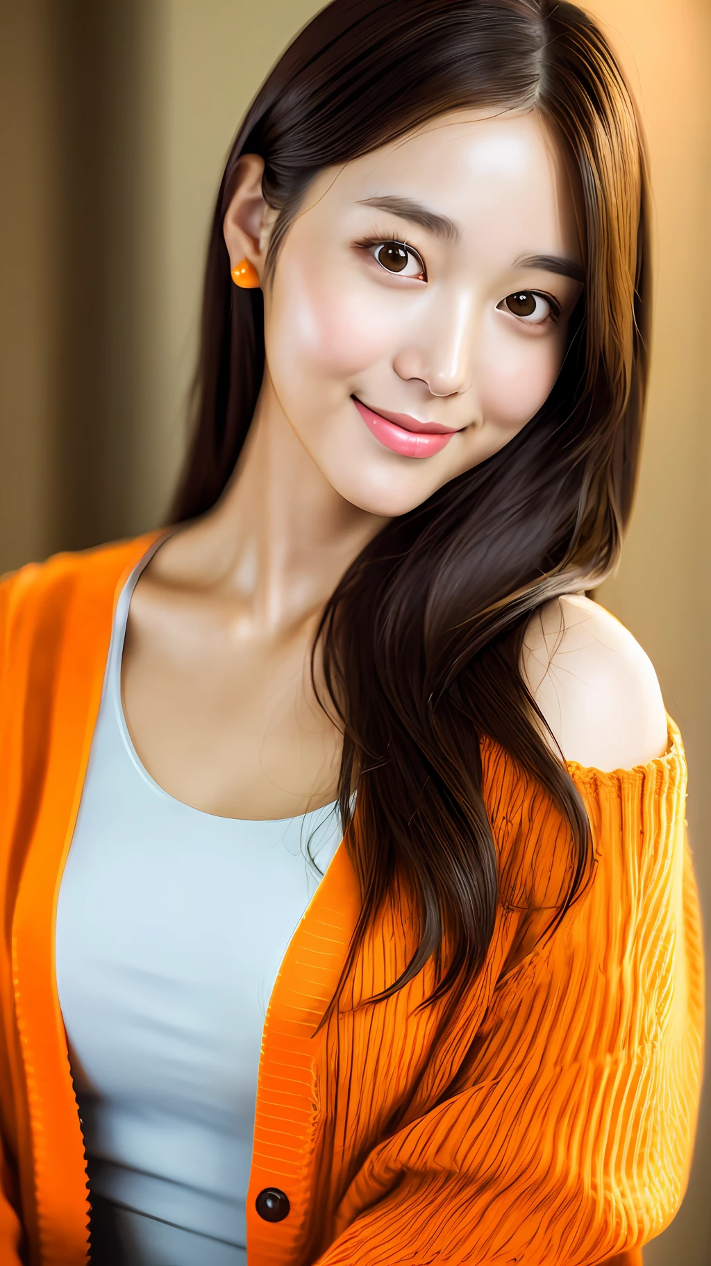 realistic photos of (1 cute Korean star) Shoulder-length hair, thin makeup, medium breasts size, slightly smile, orange cardigan, clear facial features of Canon EOS, 8K high resolution, sharp and realistic details.