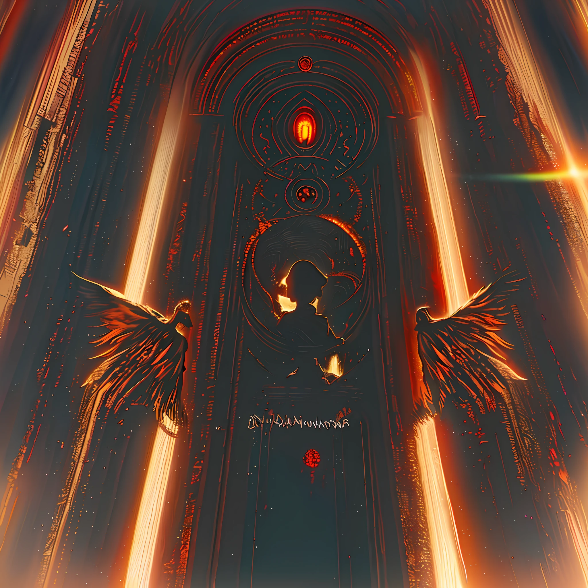 (Ultra HD) (best quality) (detail in shadows) (detail in lighting) Sacred portal to an unknown world guarded by giant Atlanteans, the portal emits a lot of light and in the background you can see an apocalyptic red world, the energy of the portal is generated by the blood of humans