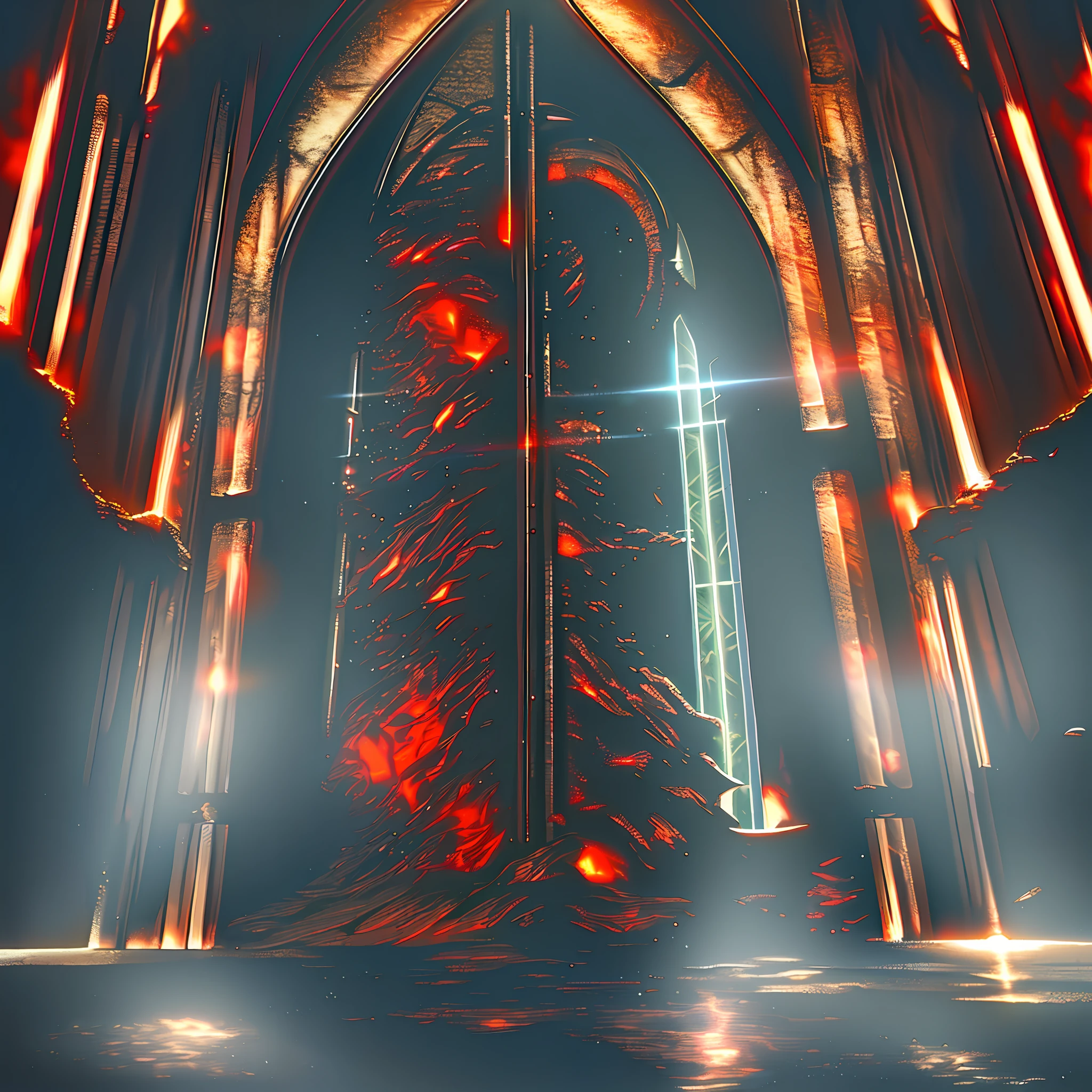 (Ultra HD) (best quality) (detail in shadows) (detail in lighting) Sacred portal to an unknown world guarded by giant Atlanteans, the portal emits a lot of light and in the background you can see an apocalyptic red world, the energy of the portal is generated by the blood of humans