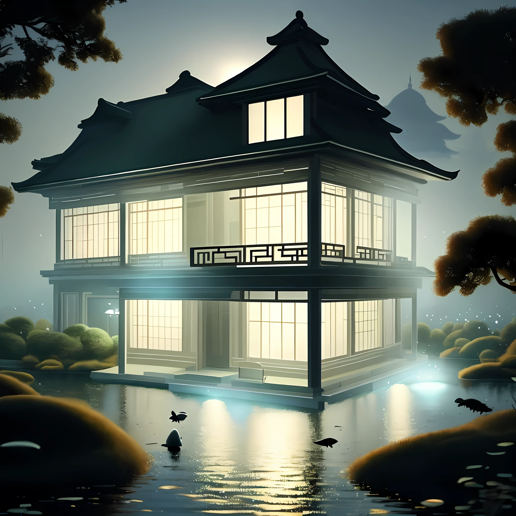 Building façade Renderings New Chinese style pond pavilion sense of technology sense of the future lighting technology exhibition hall