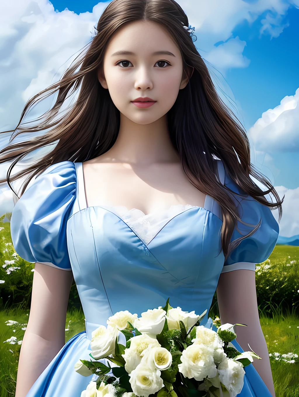 p The model lies on a fluffy white cloud, her hair and dress splayed around her, gazing at more clouds floating by. A bright blue sky provides the backdrop. She has a dreamy, whimsical expression on her face as she watches the clouds drift past. The overall composition has a fantasy, fairy tale quality with its bright colors and clouds.
(RAW photo, best quality),(realistic, photo-realistic:1.3), clean, masterpiece,finely detail,masterpiece,ultra-detailed,highres,(best illustration),(best shadow),intricate, bright light