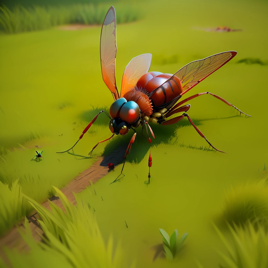 circle anthill, red dragonfly, ants on ground, grass, game design, high quality, fantasy 3D-image