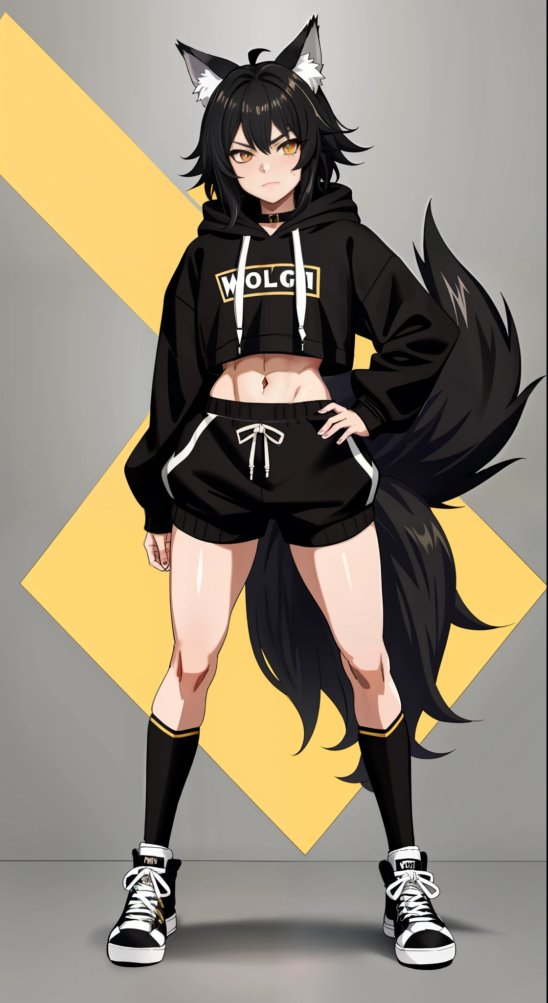 wolf-boy, black hair, golden eyes, big fluffy tail, big sharp wolf ears, cropped hoodie, midriff, black hoodie, sweat, black thigh socks, converse shoes, Vibrant, HD, masterpiece, best quality, slim upper body, thick lower body, toned abs, smug, full body view