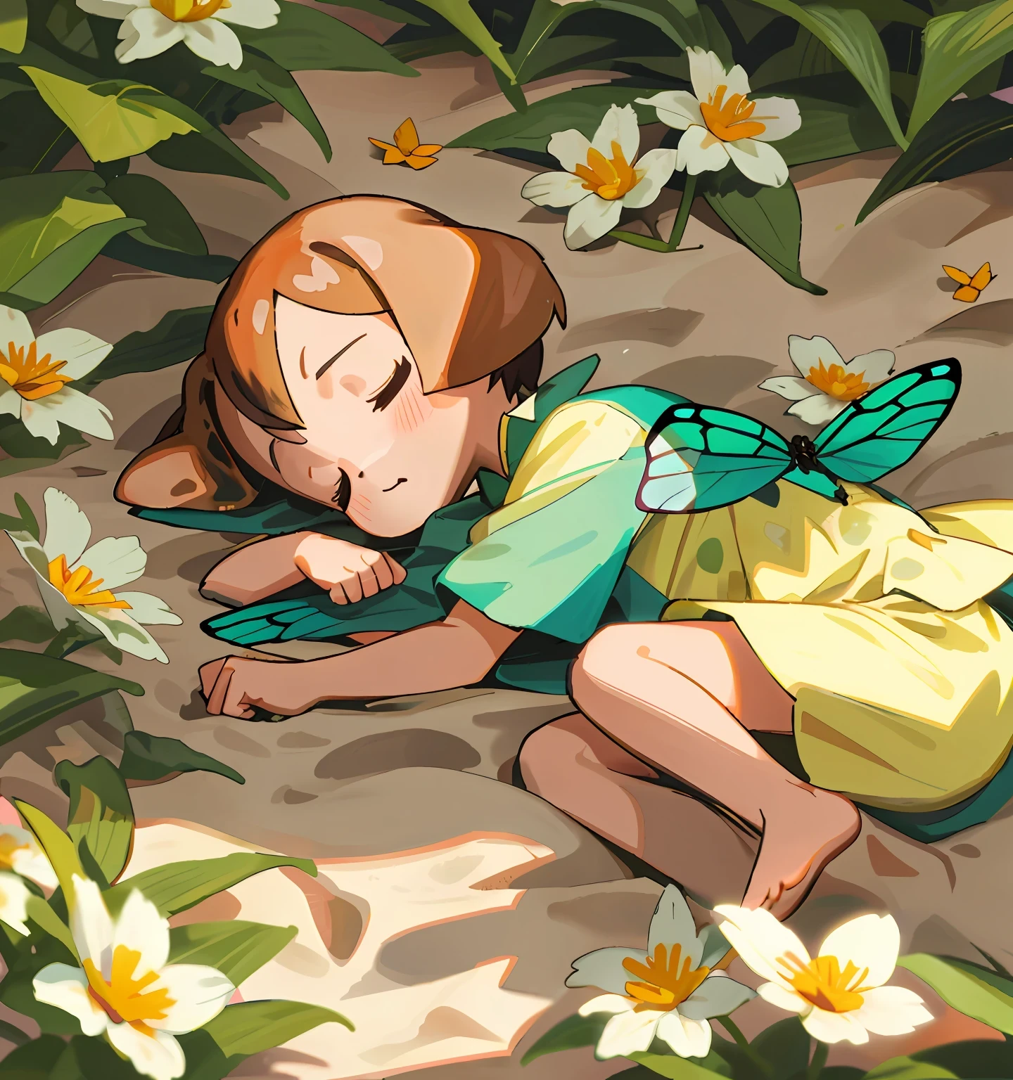 cute beagle puppy, sleeping on sand, flowers, butterflyes, dragonfly