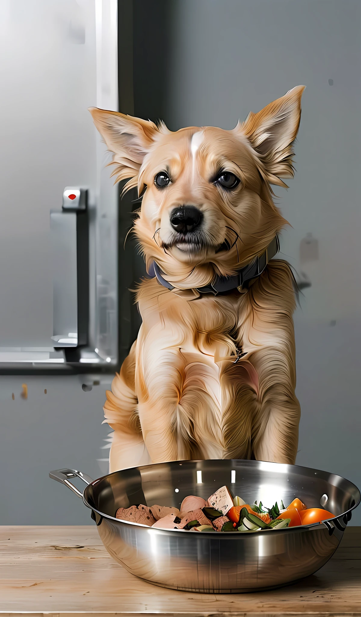 Natural feed for pets, with vegetables, meat and chopped vegetables in a stainless steel bowl, promotional image, dslr, clouse-up, realistic photo, professional photo, surrealism
