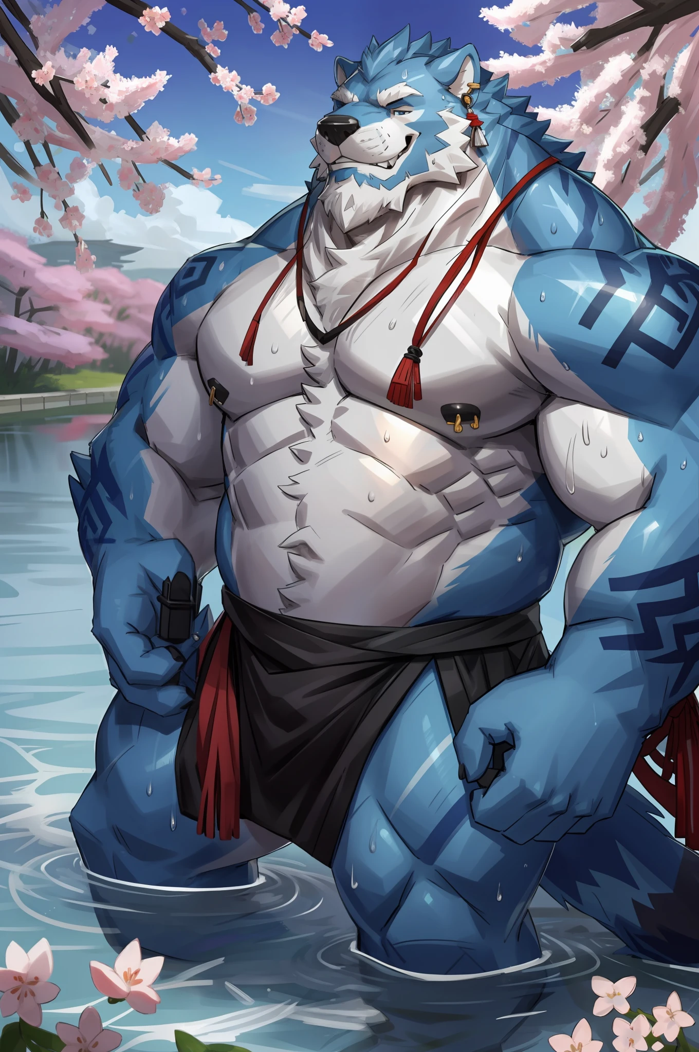 (morning), 1volibear, 独奏, 看着观众, summer, smile,肌肉男，beard,middle-aged，white fundoshi,((open)  kimono)，Chinese traditional clothes,close-up,stud earrings,nipple ring,sweat,majestic,brutal,confident,strong,cherry blossoms,in the lake,kneel down