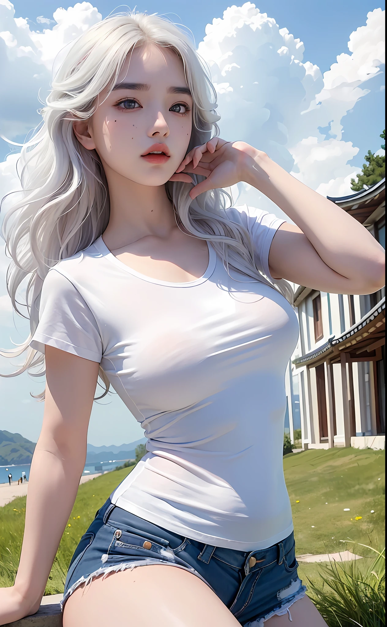 (Masterpiece, realistic, high resolution), (1 girl): 1.2), Korean, ((white wavy hair): 1.3), (heterochromic eyes: 1.1, thick eyebrows, small moles under the eyes), tie, (white shirt, red sports shorts), ((medium breasts): 1.2, thighs), outdoor, blue sky and white clouds