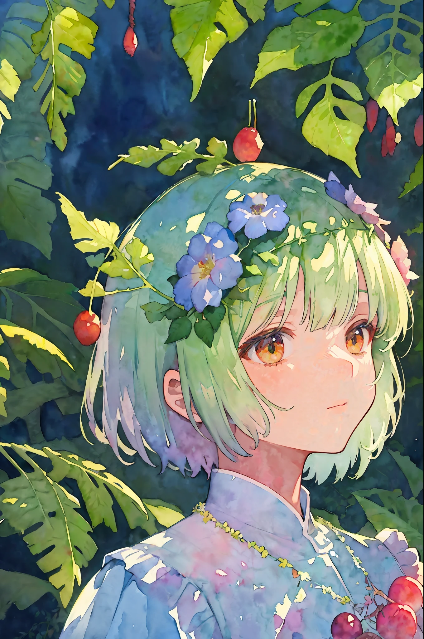 ((super detailed), #3b4195背景, beautiful flowers, berries, ferns, leaves, watercolor pattern of calming colors), (watercolor texture), ((1 girl), short hair, cute,