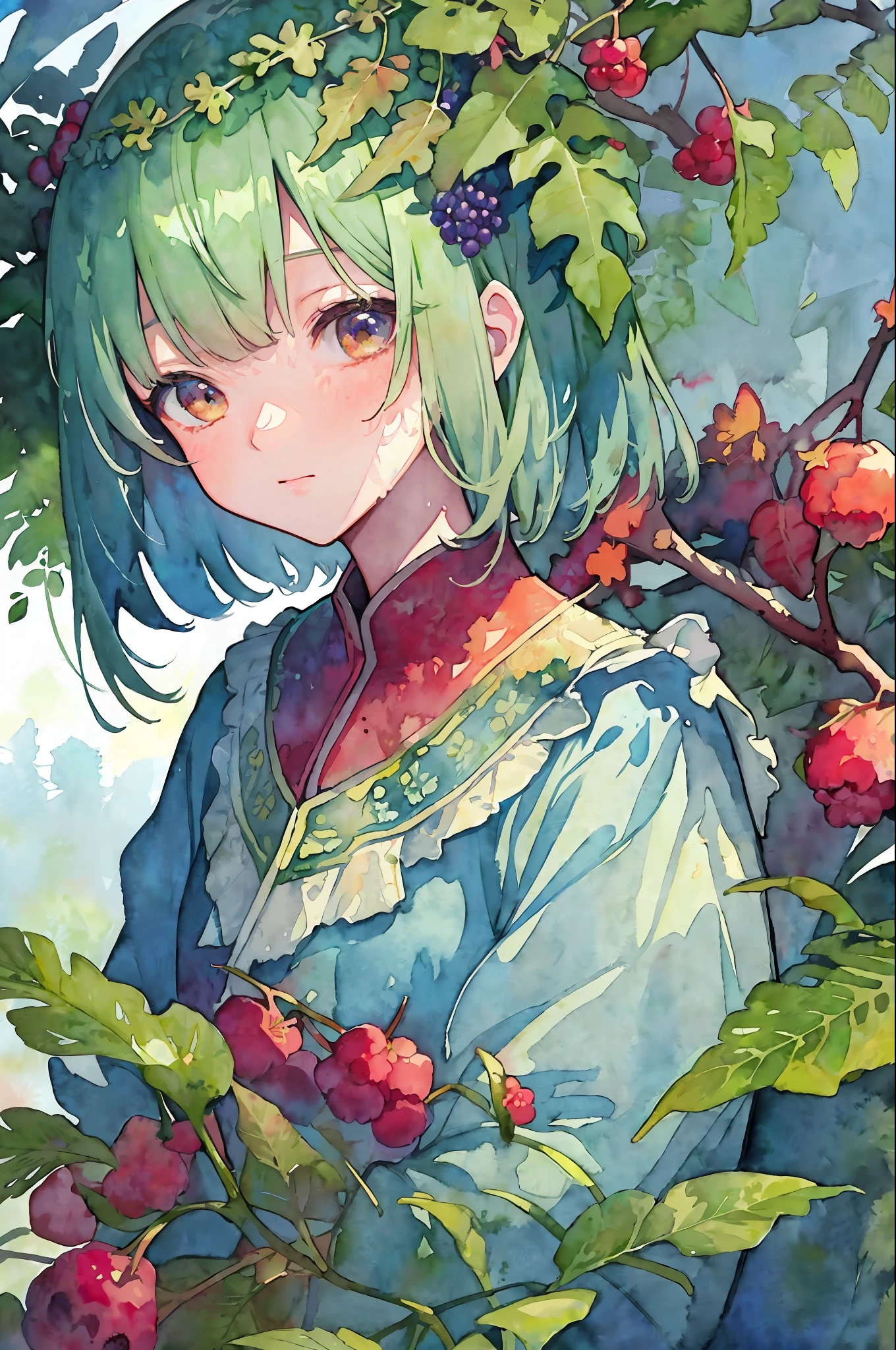 ((super detailed), #3b4195背景, beautiful flowers, berries, ferns, leaves, watercolor pattern of calming colors), (watercolor texture), ((1 girl), short hair, cute,