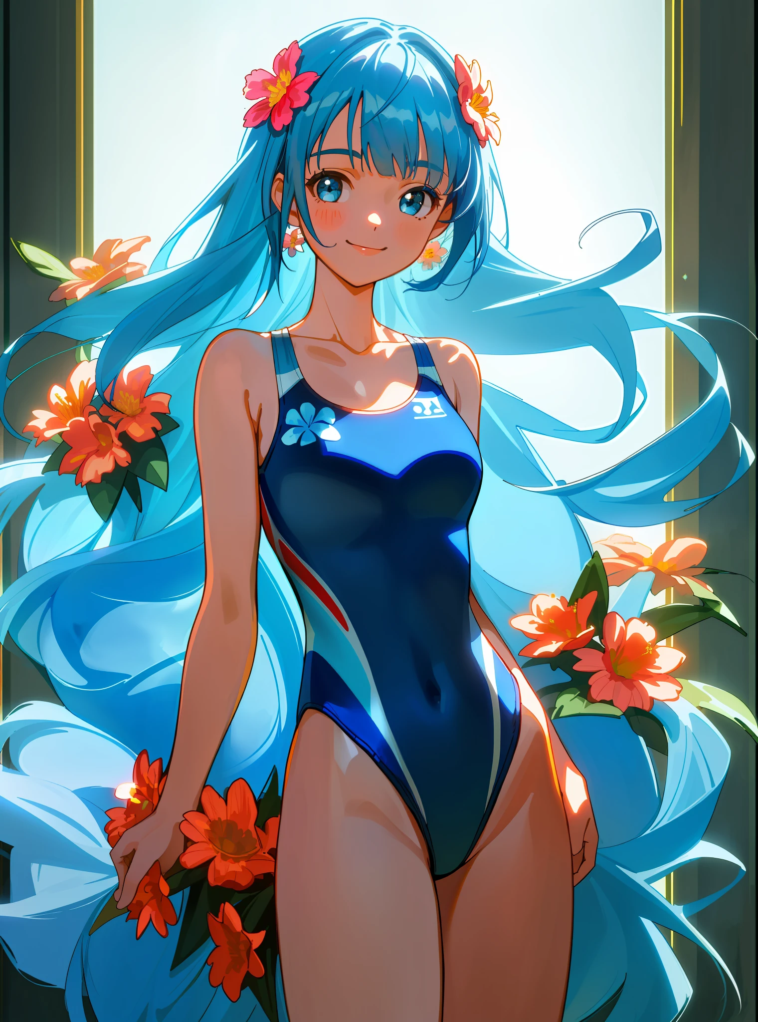 masterpiece, (best quality:1.4), detailed, girl, (solo), (blue hair:1.2), (long hair:1.2), asymmetrical bangs, (smile:1.2), flower on head, (one-piece swimsuit:1.0), (competition swimsuit:1.2), standing, collarbone, bare arms, detailed eyes, highres, floral, (flowers:1.3), (volume lighting:1.2), high details