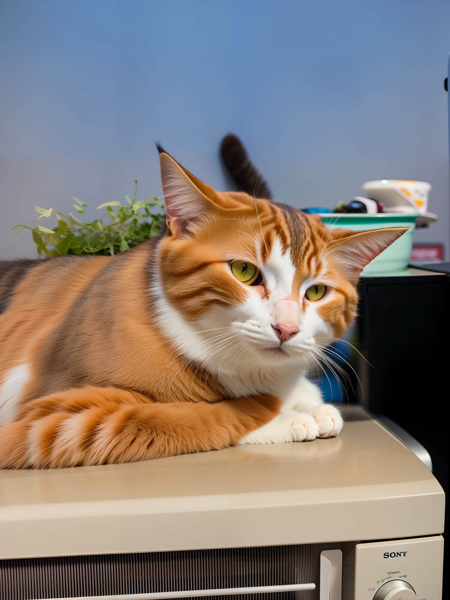 there is a cat that is laying on top of a microwave, taken with sony alpha 9, taken with sony a7r camera, taken with canon 8 0 d, taken with canon eos 5 d mark iv, photo taken with sony a7r, photo taken with sony a7r camera, the cat is smiling, taken with canon eos 5 d