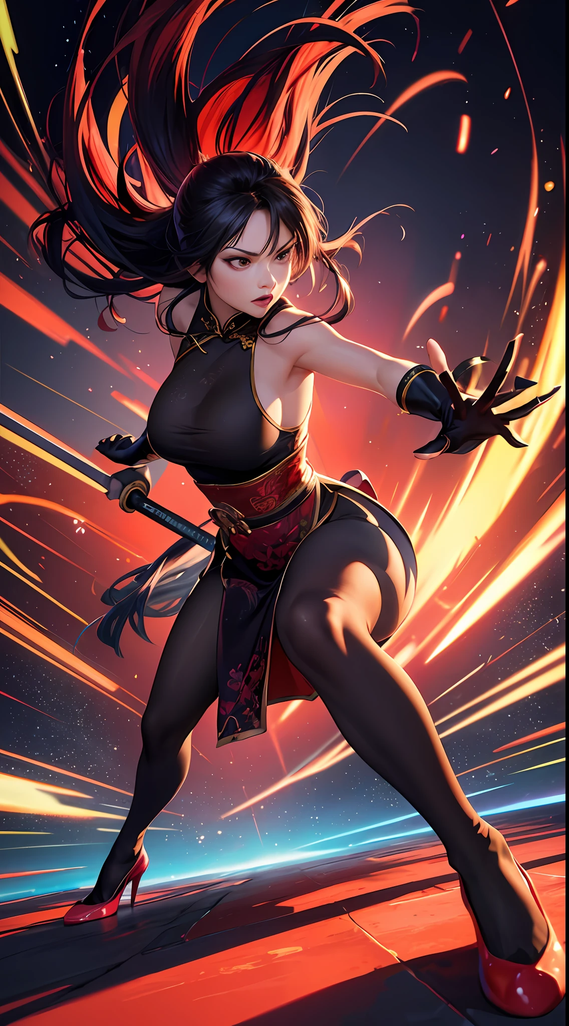 radiosity, High dynamic range, vivid and highly saturated colors, dynamic angle, full body, side view, motion lines, ((motion blur)), [red background:white background:0.6], battle field, aqua ice, sparkles, (bright and dark contrast), angry face, china dress, cheongsam, messy hair, long hair, hair in the wind, long leg, big breasts, katana hang on waist, lunging forward,