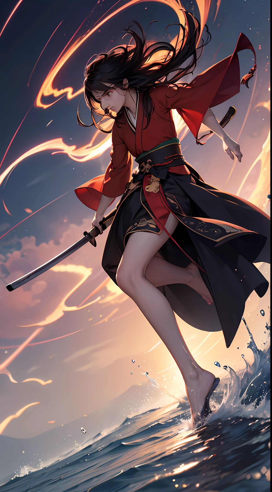 teleportion, high dynamic range, vivid and highly saturated colors, dynamic angle, full body, side view, motion line, ((motion blur)), [red background:white background:0.6], battlefield, water ice, flash, (contrast between light and dark), angry face, porcelain dress, (hanfu tang), messy hair, long hair, hair in the wind, long legs, katana hanging from waist, rush forward,