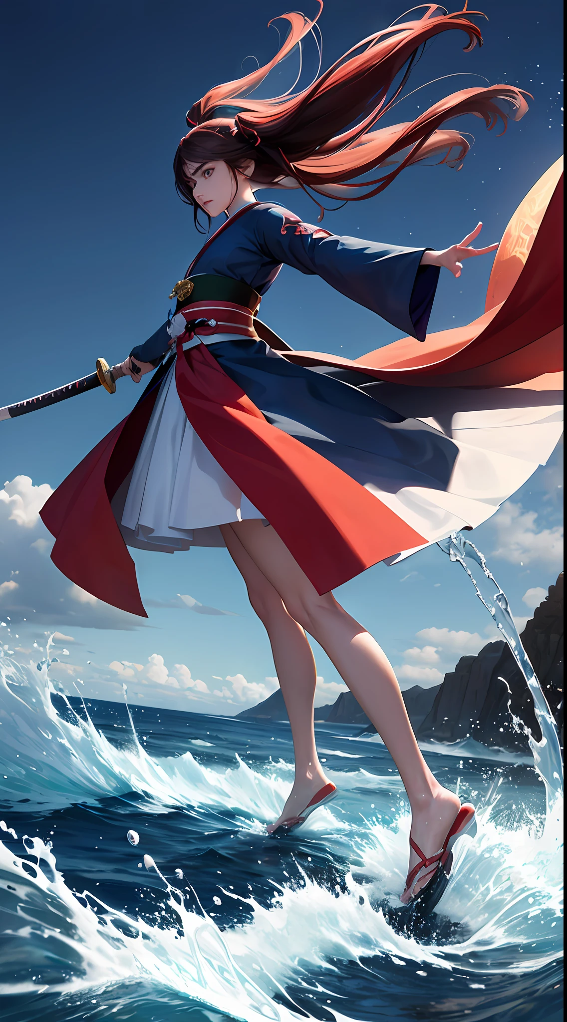 teleportion, high dynamic range, vivid and highly saturated colors, dynamic angle, full body, side view, motion line, ((motion blur)), [red background:white background:0.6], battlefield, water ice, flash, (contrast between light and dark), angry face, porcelain dress, (hanfu tang), messy hair, long hair, hair in the wind, long legs, katana hanging from waist, rush forward,