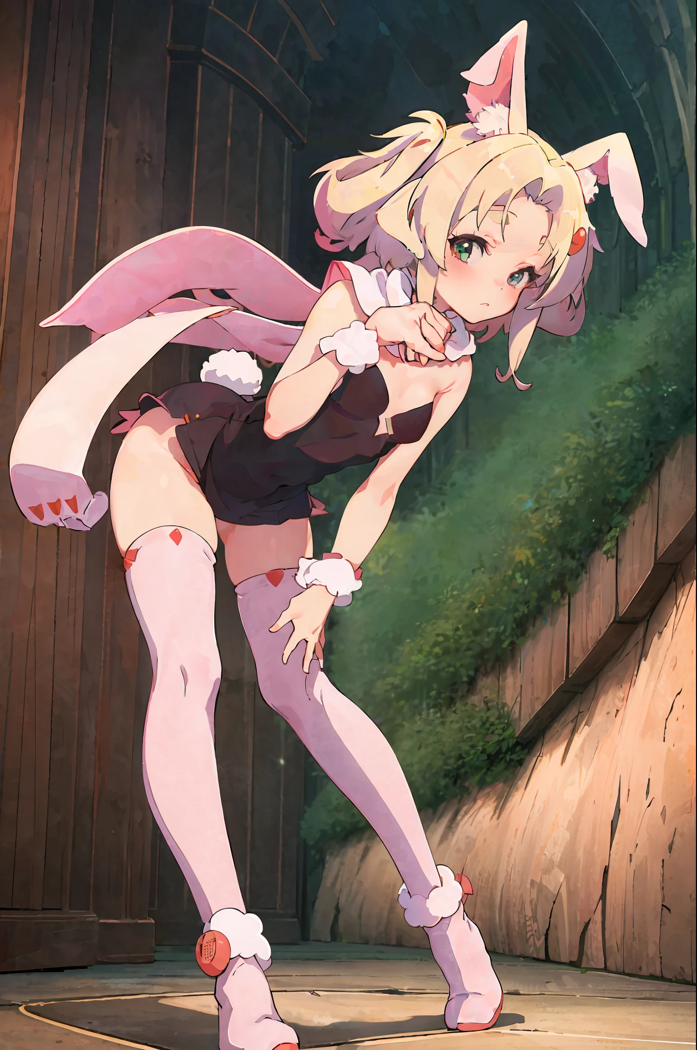 (best quality, fresh and cute, ultra-detailed CG unity 8k wallpaper), super high definition, (1 girl), reddish cheeks, rabbit ears, thin stockings, pink booties, shawl scratch, soft and cute.