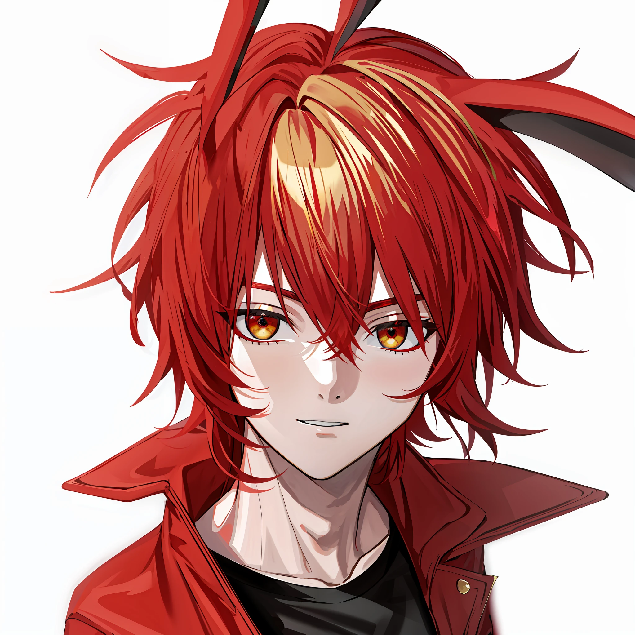 Masterpiece, best quality, short hair, boy, red hair, blond bangs, golden eyes, rabbit ears, black t-shirt, red coat, low saturation