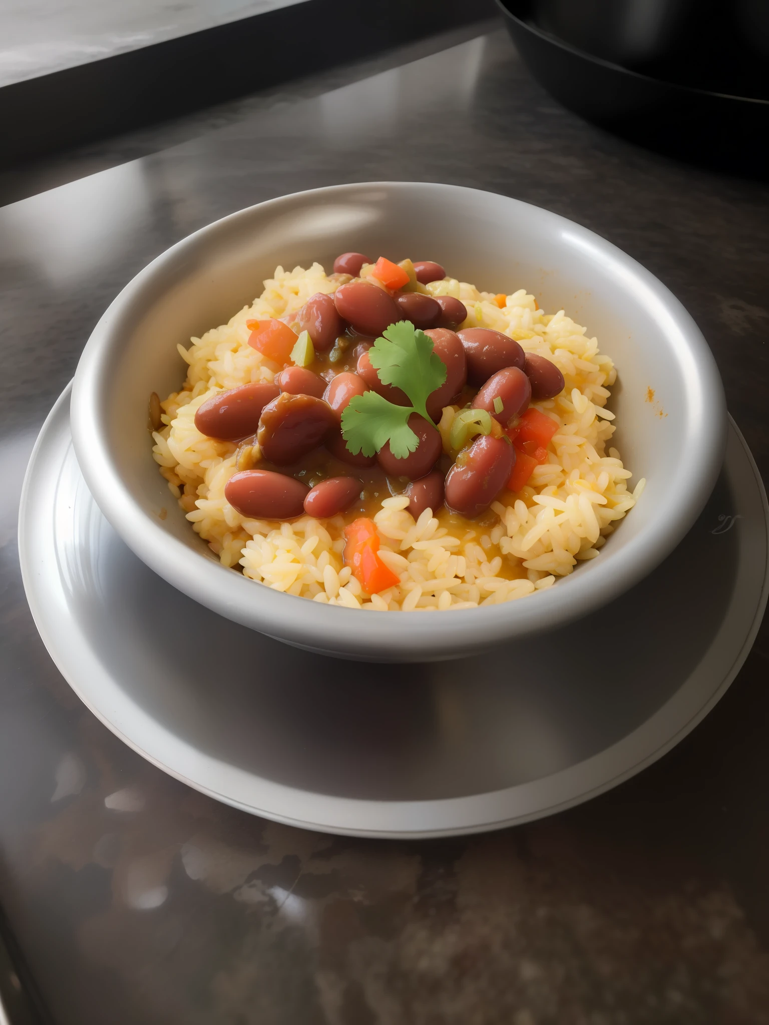 there is a bowl of rice and beans on a counter, canned dog food on a plate, yummy, recipe, bowl filled with food, rice, beans, stew, inspired by John Steuart Curry, aji de gallina, dish, in style of thawan duchanee, healthy, cooked, version 3, taken with sony alpha 9, pot, competition winning