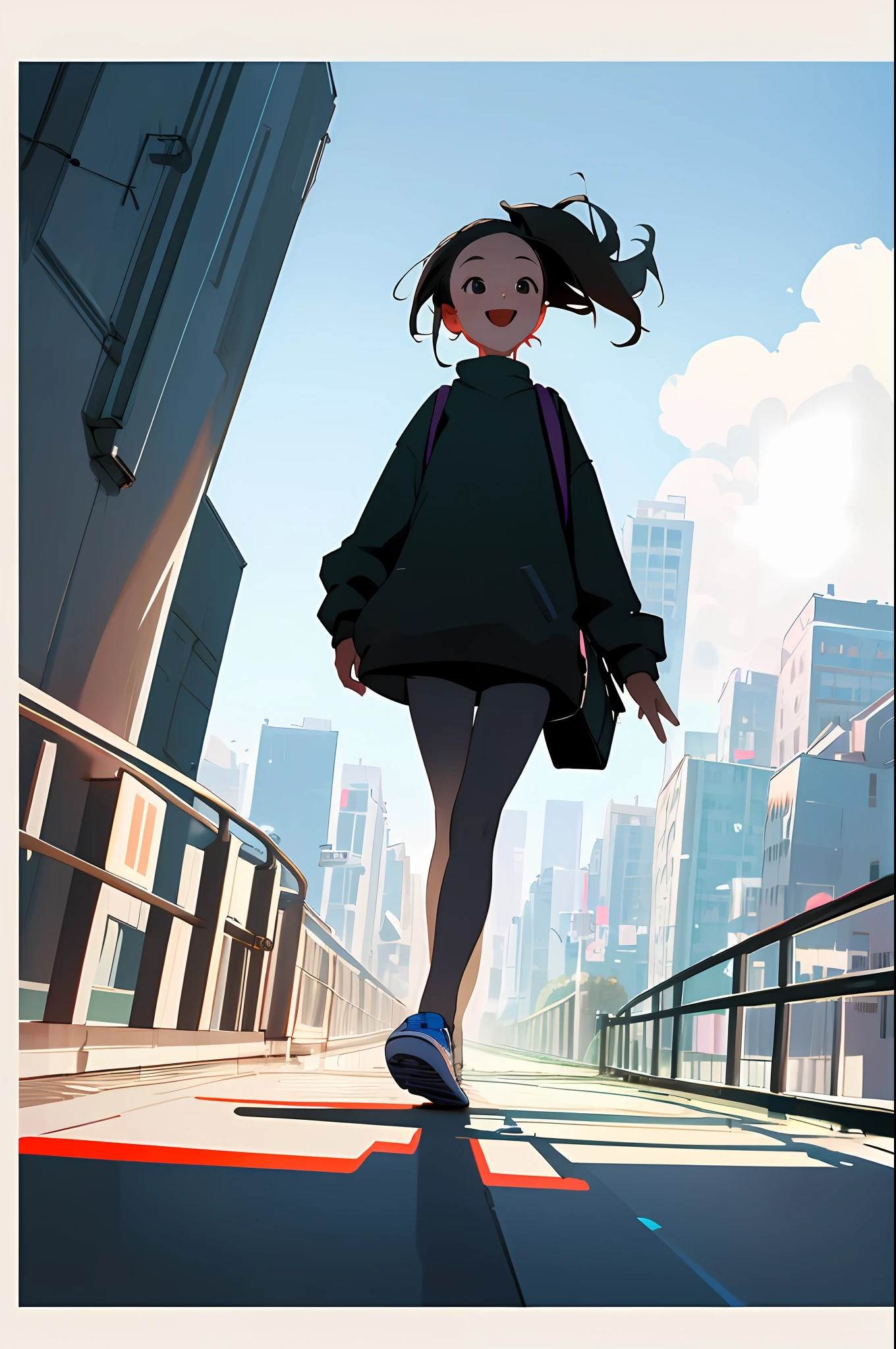 masterpiece, best quality, highres, 1girl, low perspective, low view, girl walking, happy, good perspective, one point perspective, city in the background, zoom in, girl focus