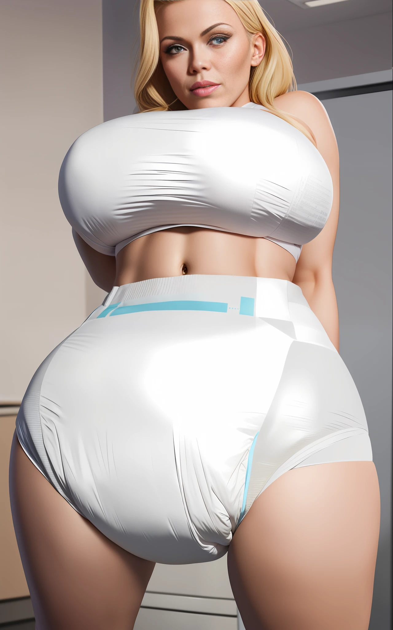 Sexy busty Blonde woman wearing big diapers, office