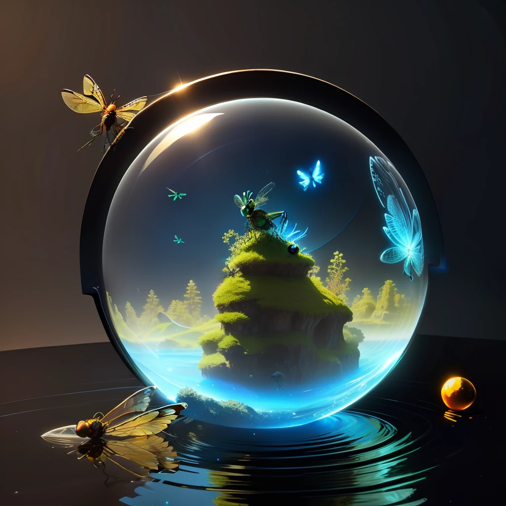 glass sphere anthill, with dragonfly on water, high resolution, fantasy, game design, magic 3D