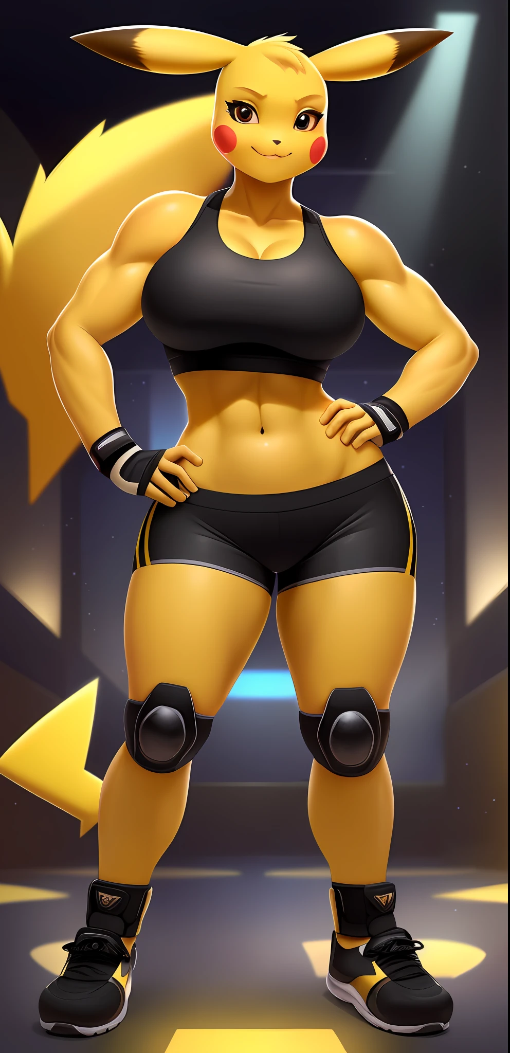 Pikachu, (((masterpiece))), ((high resolution)), ((detailed portrait)), ((looking at viewer)), long yellow pointed ears, (yellow pikachu ears with black tips), brown clear eyes, yellow body, athletic female body (six pack), yellow thunderbolt tail with black heart-shaped tip, (female pikachu tail), large boobs, strong stance, black sports bra, orange skintight shorts, black wristbands, knee pads, hands on hips, smug grin (mouth closed), seductive gaze, :3, head tilt, black triangle nose, ((simple detailed background)),