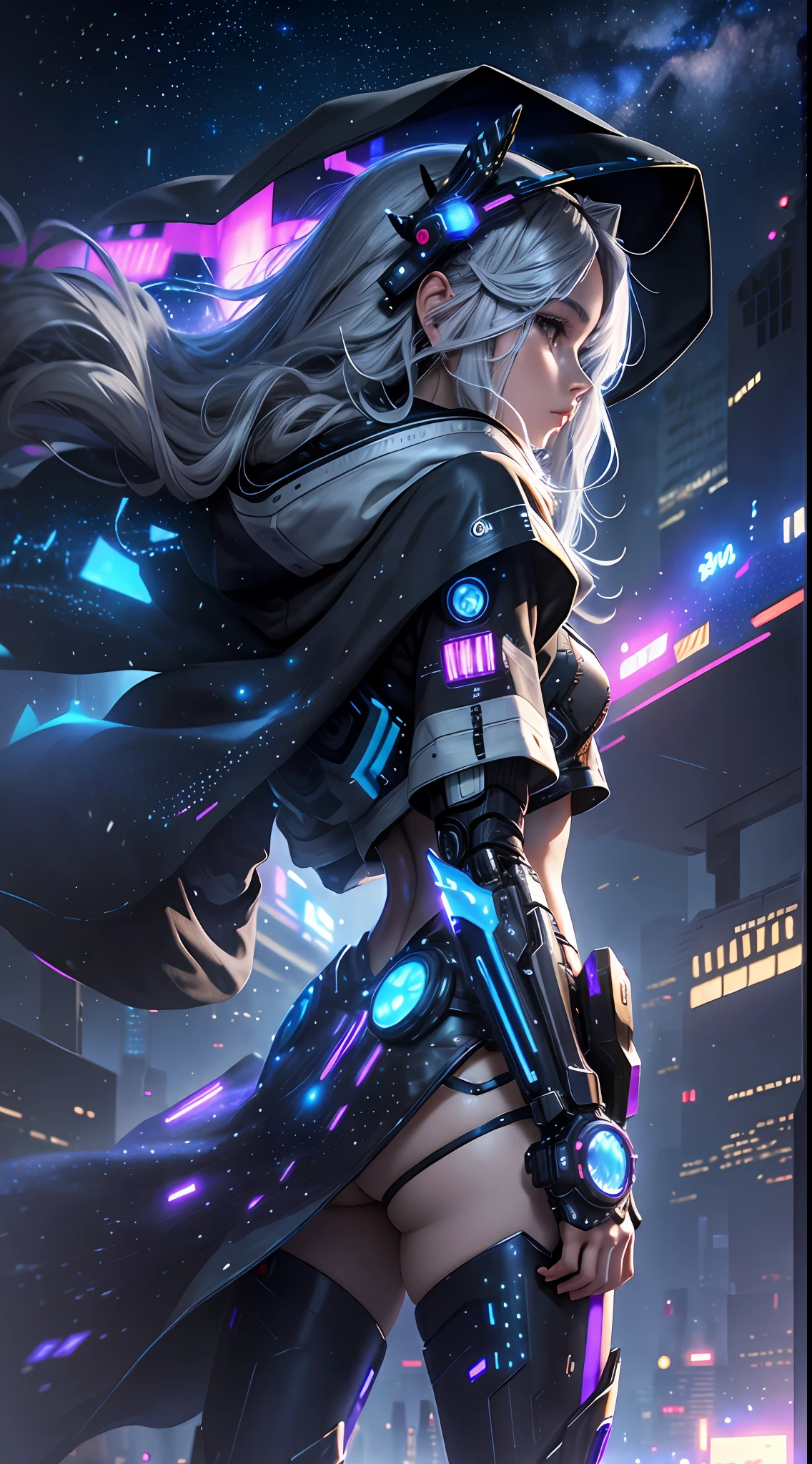Masterpiece, best quality, 4k, mecha, starry sky, stars \ (sky\), cape, hair ribbon, slim legs, hood, long hair, gray hair, cyberpunk, depth of field