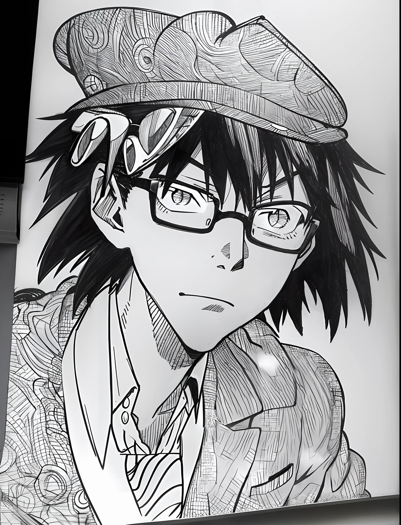 drawing of a man with glasses and a hat, manga paint drawing, manga ink drawing, hyper-detailed manga drawing, detailed manga style, anime 2-d style, colored pencil and ink manga inspired by Yumihiko Amano, tsutomu nihei style inspired by Ib Eisner, kentaro miura manga style, manga drawing