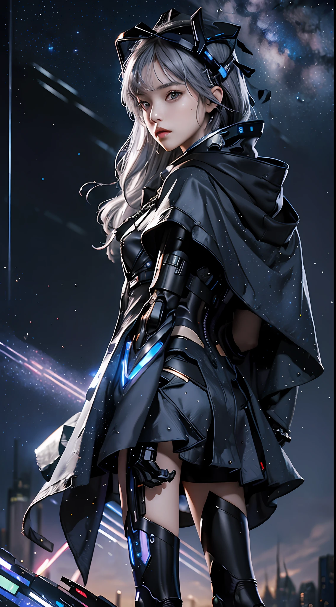 Masterpiece, best quality, 4k, mecha, starry sky, stars \ (sky\), cape, hair ribbon, slim legs, hood, long hair, gray hair, cyberpunk, depth of field