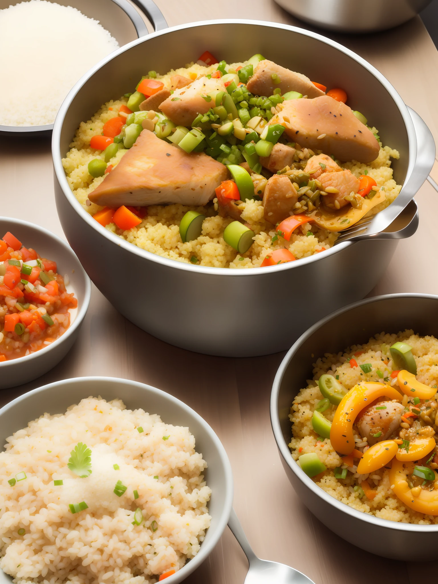 there is a bowl of brown rice and couscous on a counter, dog food in a stainless steel bowl, yummy, recipe, bowl full of food, rice, chopped vegetables, minced meat, stew, inspired by John Steuart Curry, aji de gallina, dish, in the style of thawan duchanee, healthy, cooked, version 3, taken with sony alpha 9, pot, winning competition