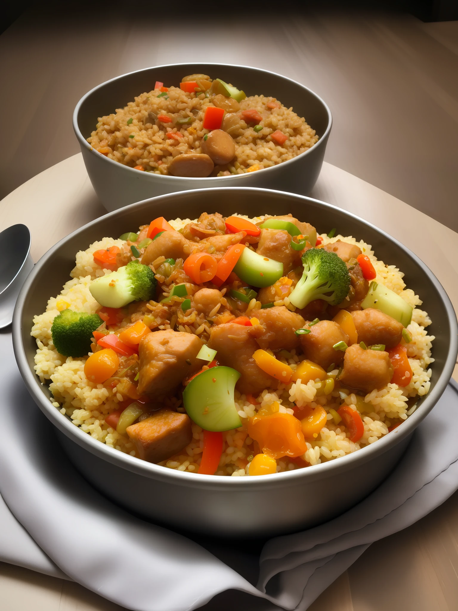 there is a bowl of brown rice and couscous on a counter, dog food in a stainless steel bowl, yummy, recipe, bowl full of food, rice, chopped vegetables, minced meat, stew, inspired by John Steuart Curry, aji de gallina, dish, in the style of thawan duchanee, healthy, cooked, version 3, taken with sony alpha 9, pot, winning competition