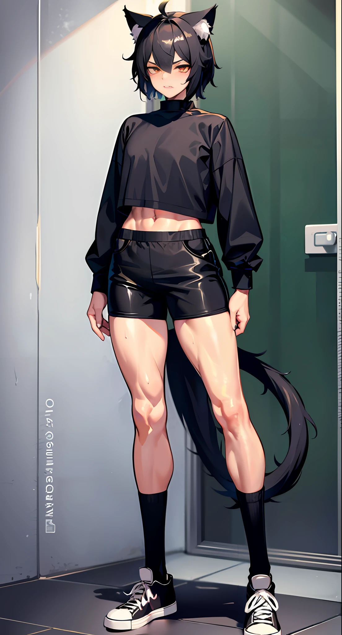 cat-boy, short black hair, golden eyes, big fluffy tail, big sharp cat ears, midriff, black long-sleeved shirt, sweat, black thigh socks, converse shoes, Vibrant, HD, masterpiece, best quality, slim upper body, thick lower body, toned abs, smug, full body view