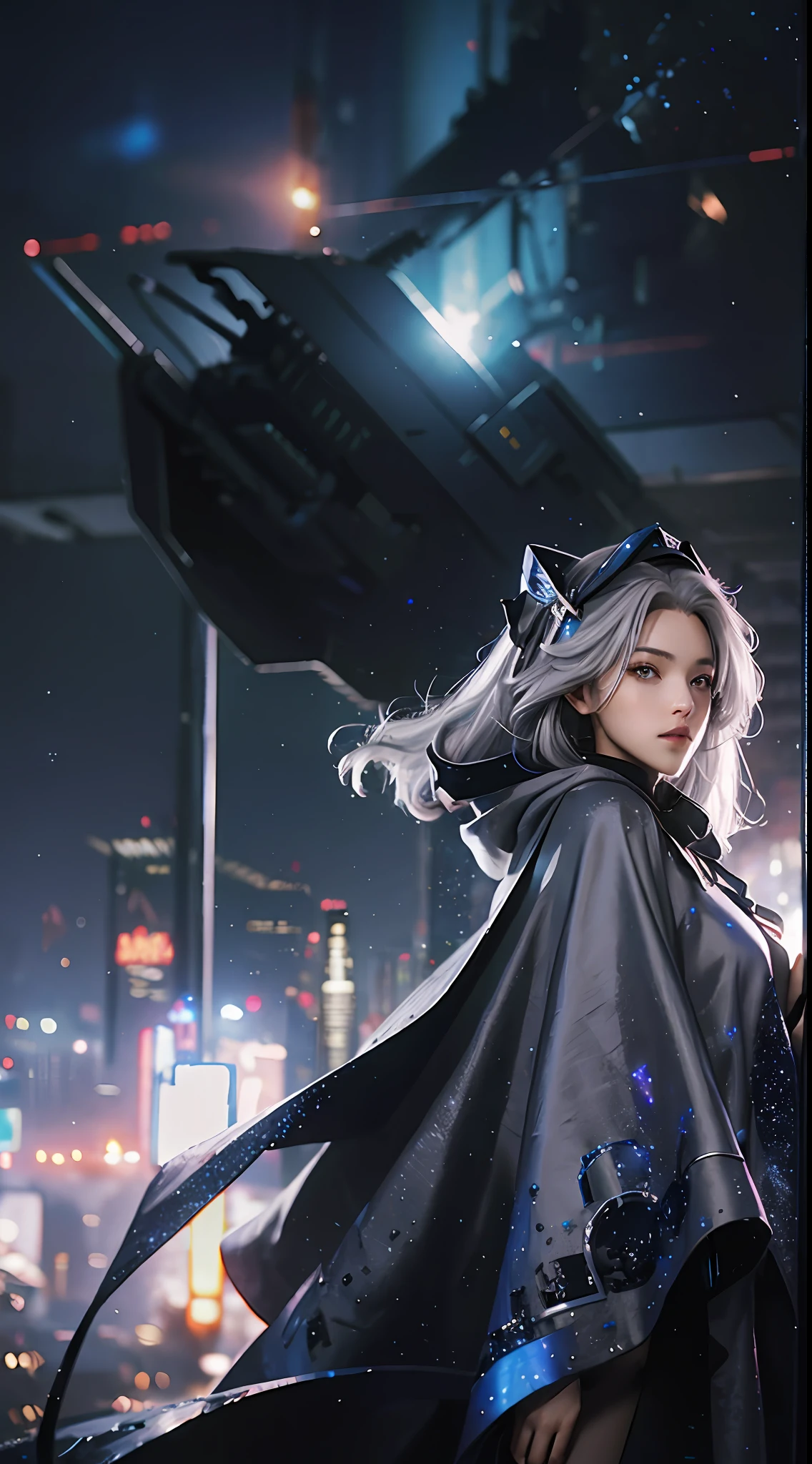 Masterpiece, best quality, 4k, mecha, starry sky, stars \ (sky\), cape, hair ribbon, slim legs, hood, long hair, gray hair, cyberpunk, depth of field