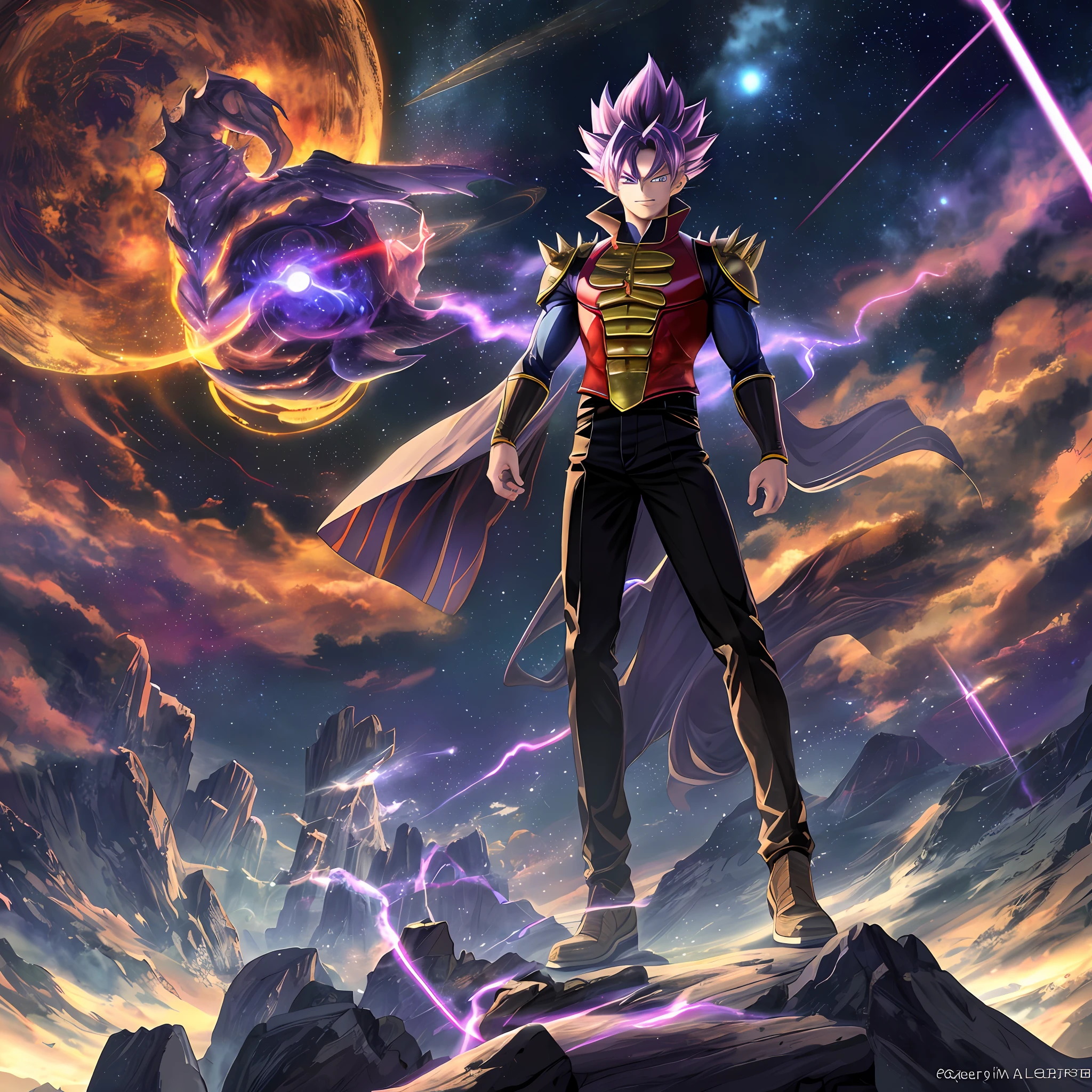 masterpiece, best quality, ultra-detailed, adult 1boy half dragon, solo, super sayagin 5, full body, evil smile, purple hair, spiky hair, red eyes, dougi, full body, looking at the viewer, male focus, earth \(planet\), planet, space, cracked soil and rocks rising, rubble rising, fanciful armor, super saiyan aura