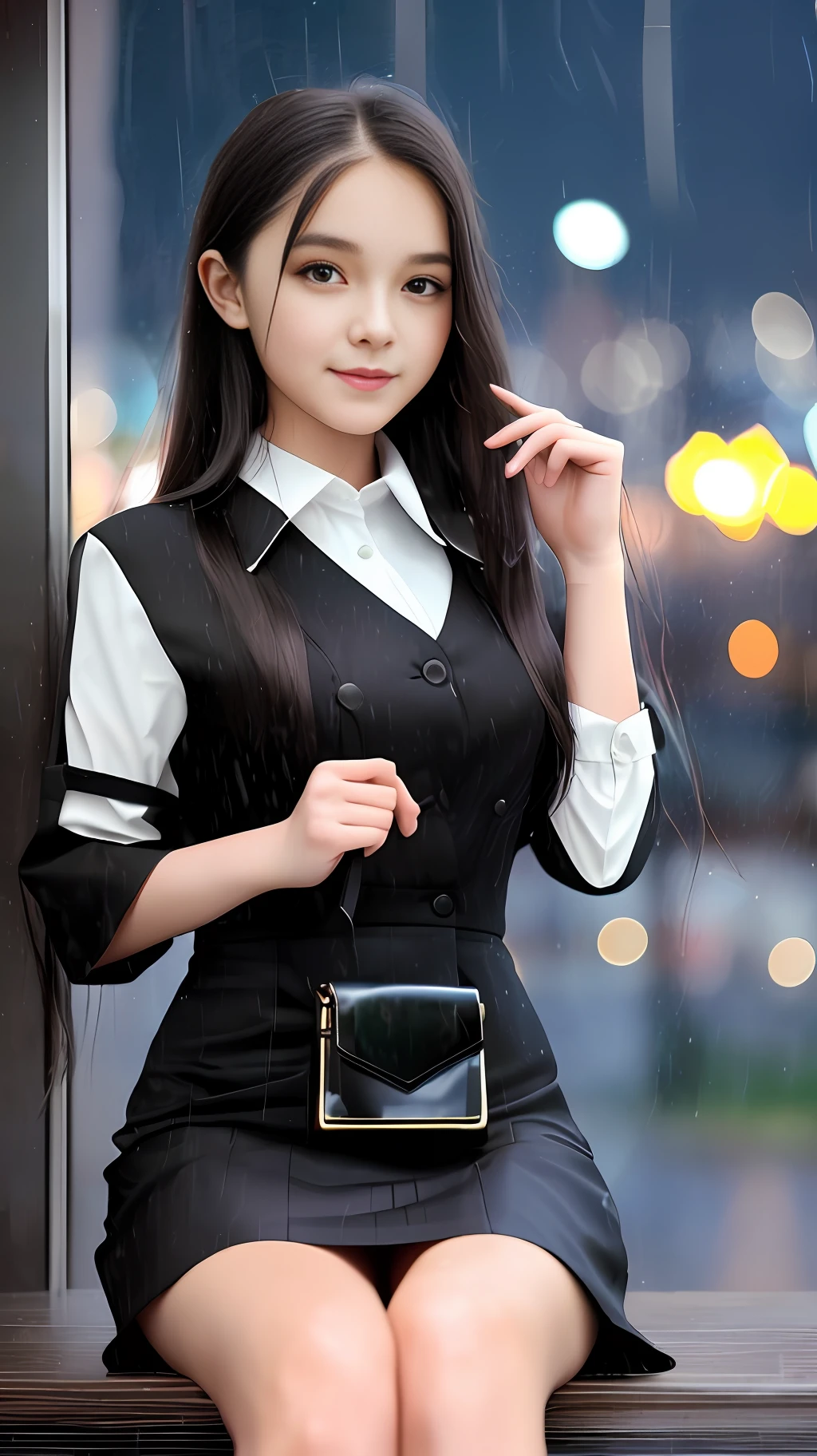 8K, best quality, masterpiece: 1.2) , super details, 1 girl, cute, independent, beautiful details sky, details cafe, night, sit down, date, (nose red) , sweet smile, (Smile: 1.15) , (shut up) small breasts, small beautiful details eyes, Turkish, (collar shirt: 1.1) , black and white business attire, night, wet, business dress, rain, long hair, brunette, flowing hair, NovaFrog style, cat,