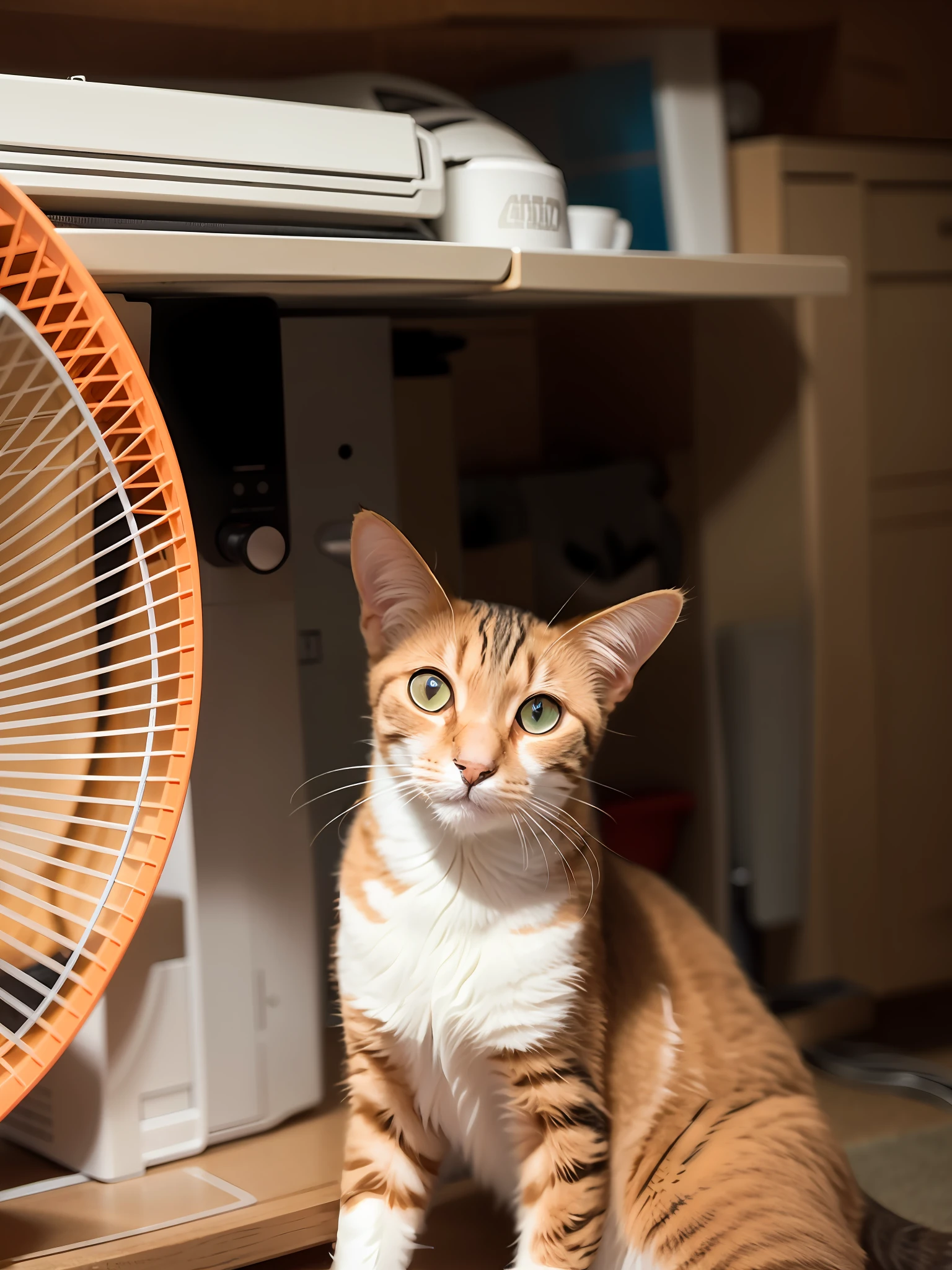 there is a cat sitting in front of a fan on the floor, taken with sony alpha 9, taken with canon 8 0 d, orange halo around her head, photo taken with sony a7r, captured on canon eos r 6, taken with canon eos 5 d mark iv, cat photo, a handsome, photo taken with nikon d750