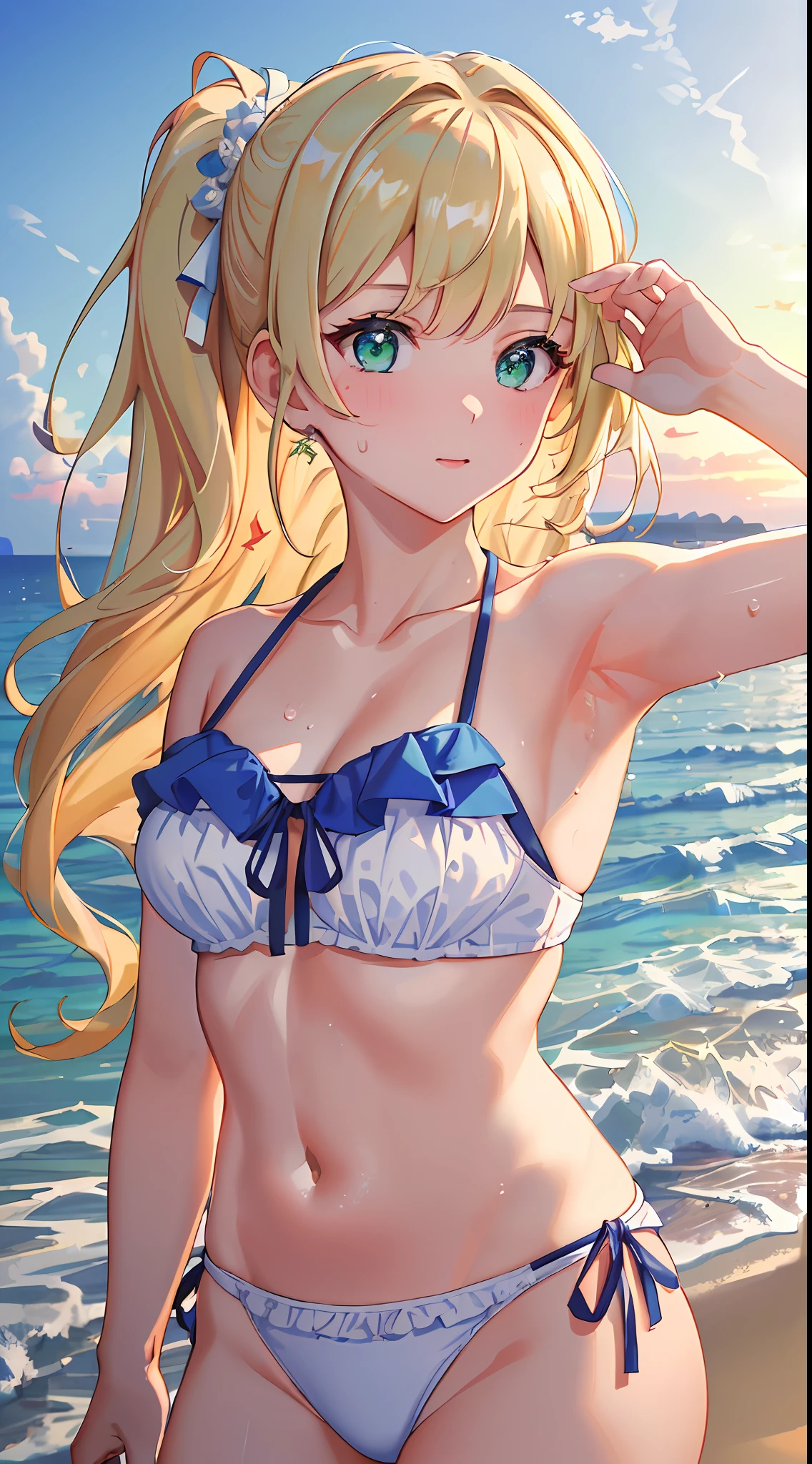 (((masterpiece: 1.5, best quality, high resolution: 1.3, super resolution, super detailed, ultra detailed:1.3, rich background:1.2))), ((face close up)), 1girl, solo, green eyes, blonde long hair tied with blue ribbon, blunt bangs, cute hairpin, transparent white t-shirt, , black panties, ((raises one hand)), (armpit), (sweat), (outdoor), ((sea: 1.2)), ((beach)), scenery, (dusk), ((dynamic light: 1.4))