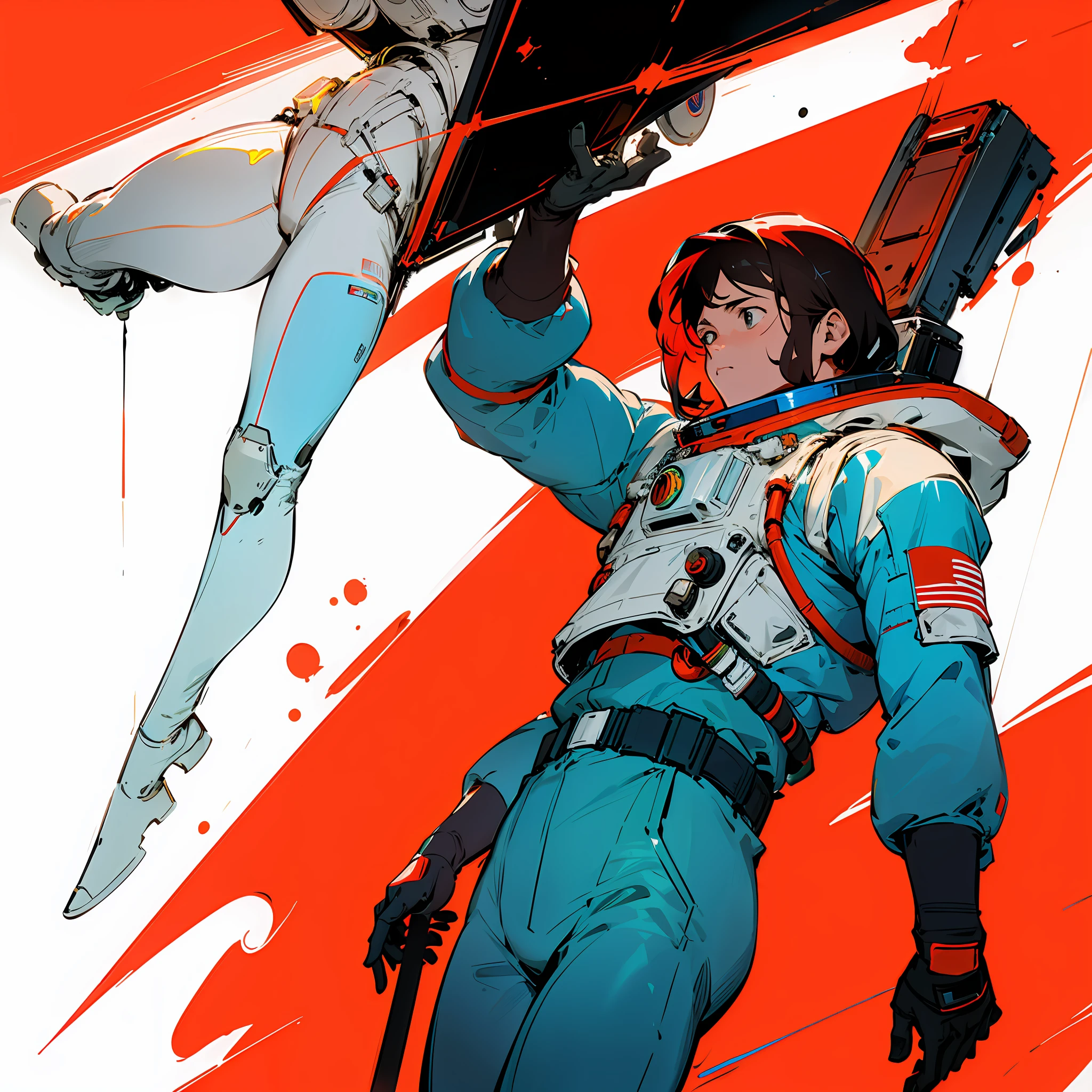 there is a man in a space suit with a red and white background, inspired by Victor Mosquera, laurie greasley and james jean, inspired by Chris Moore, cosmonaut, by sparth, in style of laurie greasley, nicolas bouvier sparth, jean-sebastien rossbach, by Victor Mosquera, bastien grivet