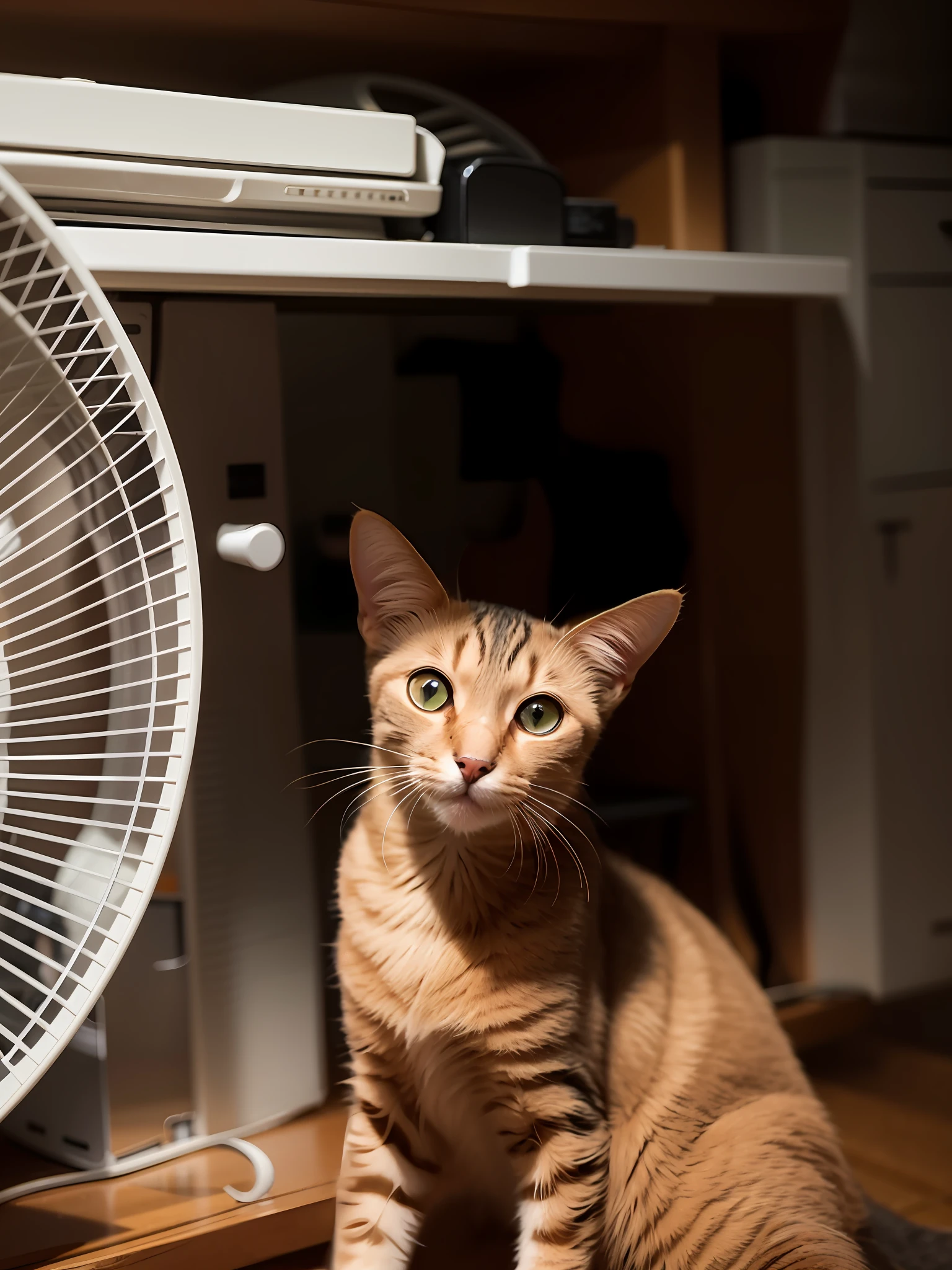 there is a cat sitting in front of a fan on the floor, taken with sony alpha 9, taken with canon 8 0 d, orange halo around her head, photo taken with sony a7r, captured on canon eos r 6, taken with canon eos 5 d mark iv, cat photo, a handsome, photo taken with nikon d750