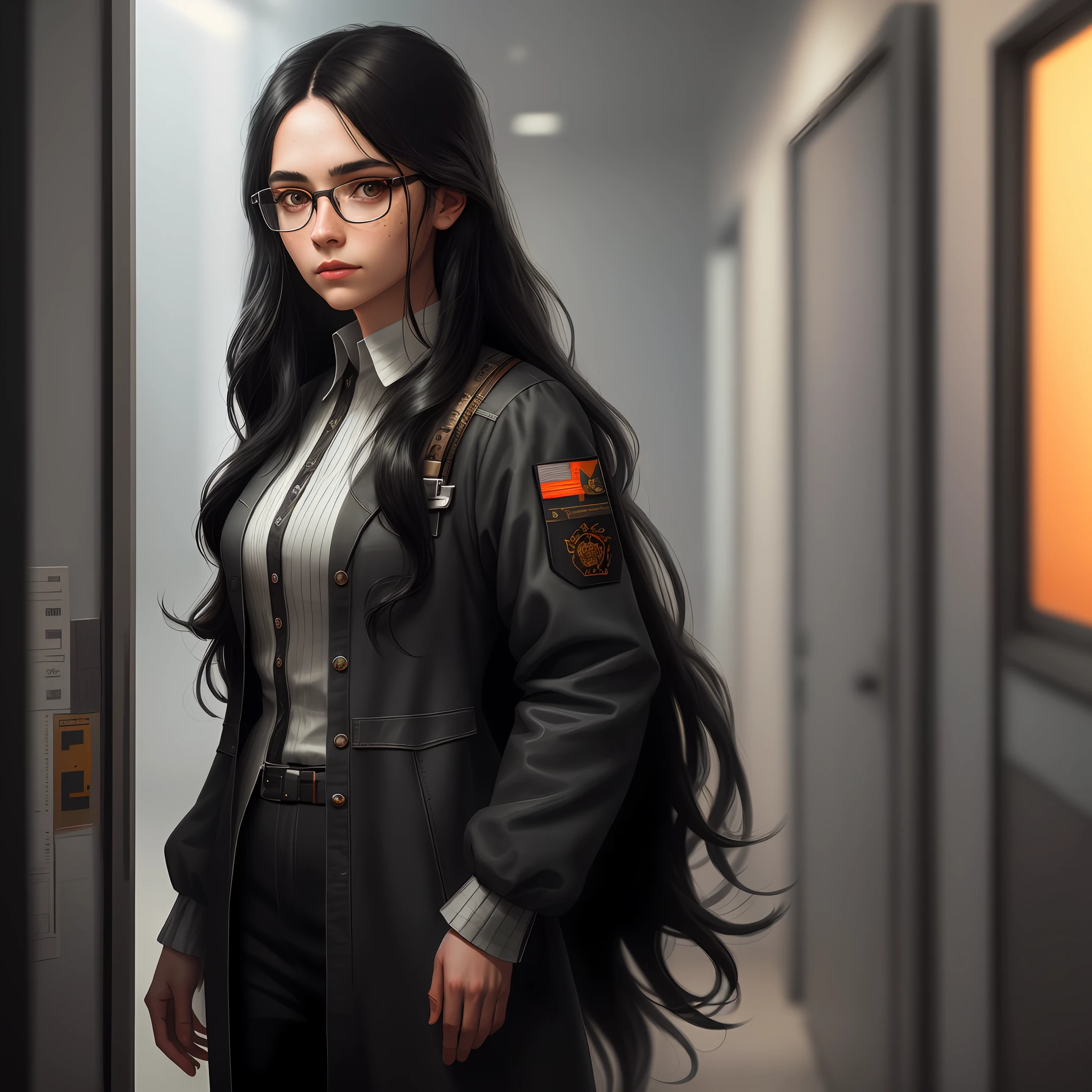 Full body woman, long wavy black hair, black eyes, freckles on face, sweet look, wearing prescription glasses, wearing modern clothes with colors, masterpiece, best quality, highest quality, cinematic lighting, (volumetric lighting), extremely detailed CG 8k wallpaper unit, focused, 8k wallpaper, 4k wallpaper, extremely detailed, ultra realistic,  photorealistic, sharp focus, absurd, (HDR: 1.2), (high contrast), photography, detailed and intricate, instagram, portrait, highly detailed, digital painting, artstation, concept art, smooth, sharp focus, illustration, cinematic lighting,