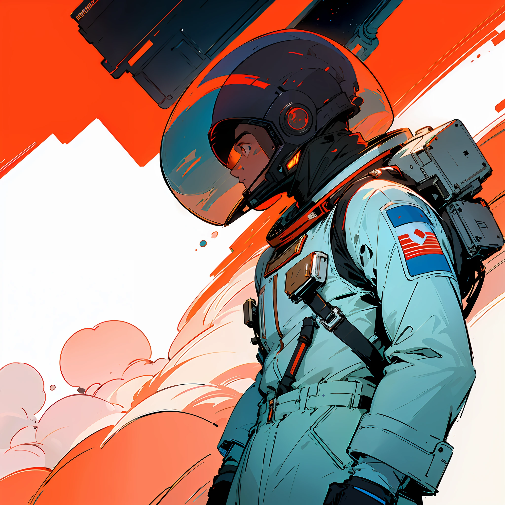 there is a man in a space suit with a red and white background, inspired by Victor Mosquera, laurie greasley and james jean, inspired by Chris Moore, cosmonaut, by sparth, in style of laurie greasley, nicolas bouvier sparth, jean-sebastien rossbach, by Victor Mosquera, bastien grivet