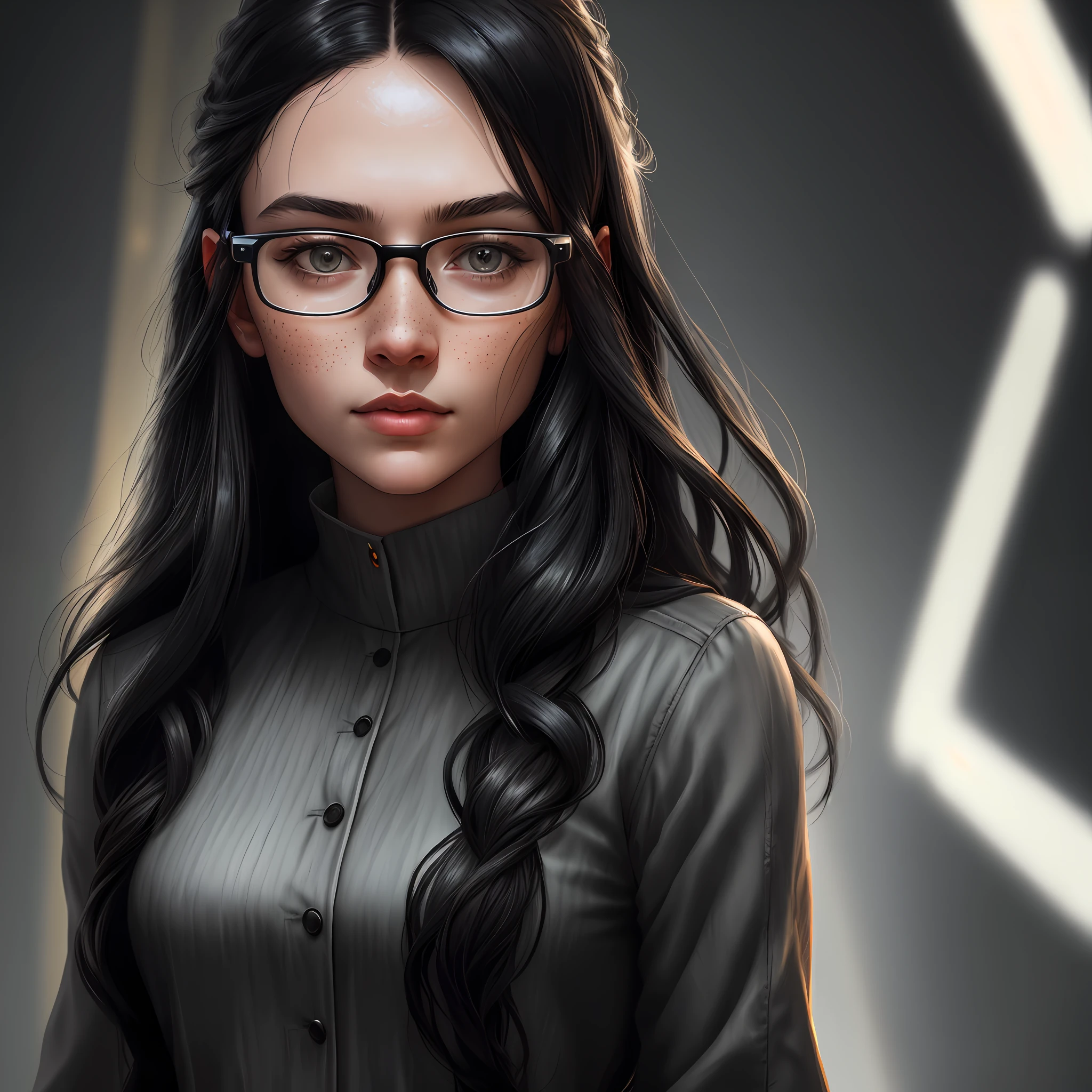 Full body woman, long wavy black hair, black eyes, freckles on face, sweet look, wearing prescription glasses, wearing modern clothes with colors, masterpiece, best quality, highest quality, cinematic lighting, (volumetric lighting), extremely detailed CG 8k wallpaper unit, focused, 8k wallpaper, 4k wallpaper, extremely detailed, ultra realistic, photorealistic, sharp focus, absurd, (HDR: 1.2), (high contrast), photography, detailed and intricate, instagram, portrait, highly detailed, digital painting, artstation, concept art, smooth, sharp focus, illustration, cinematic lighting,