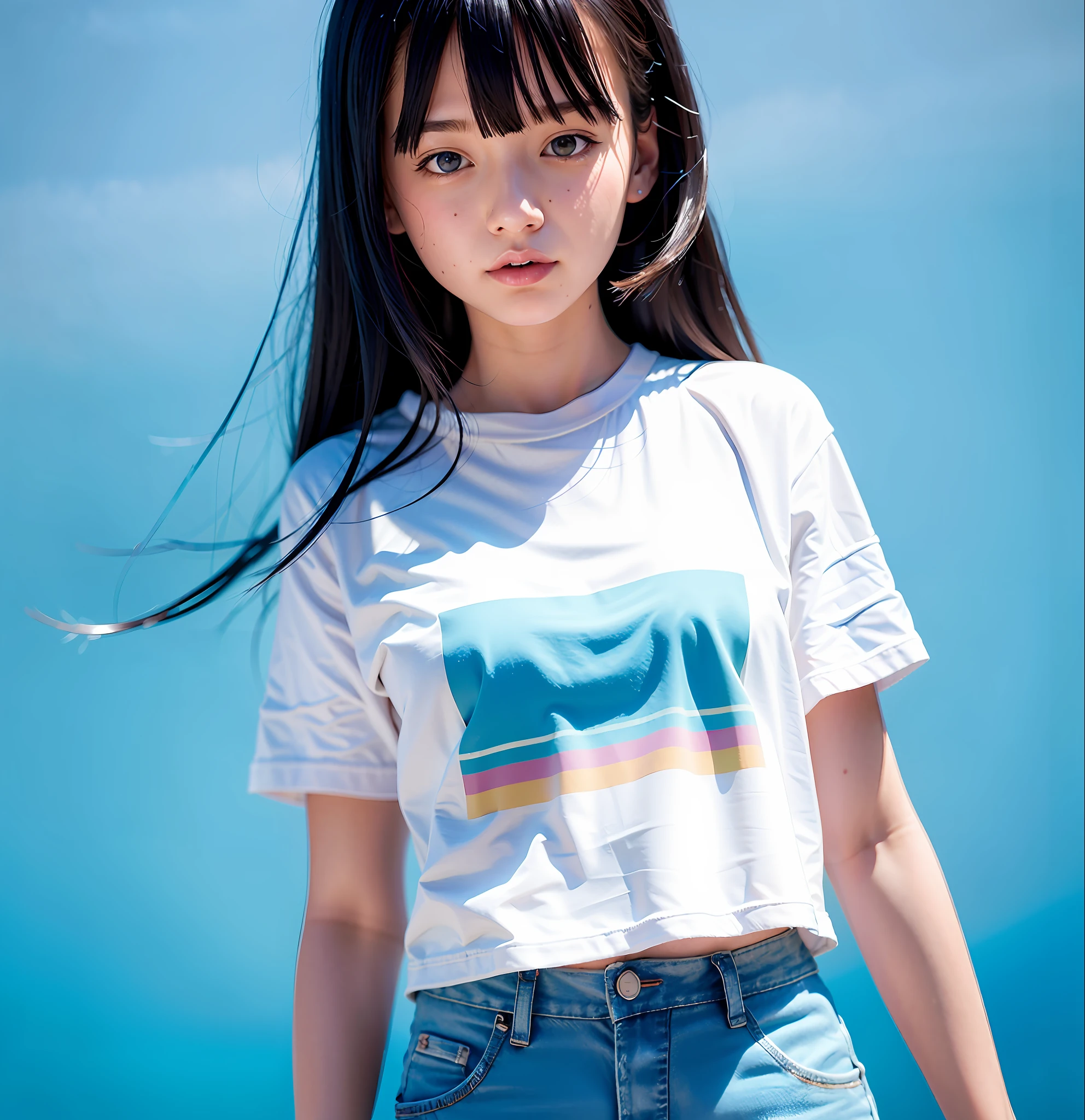 1girl masterpiece, best quality, ((pure blue background)), black hair, floating hair, blush, looking at viewers, white T-shirt, happy, ((front)),upper body, close-up,FilmG,