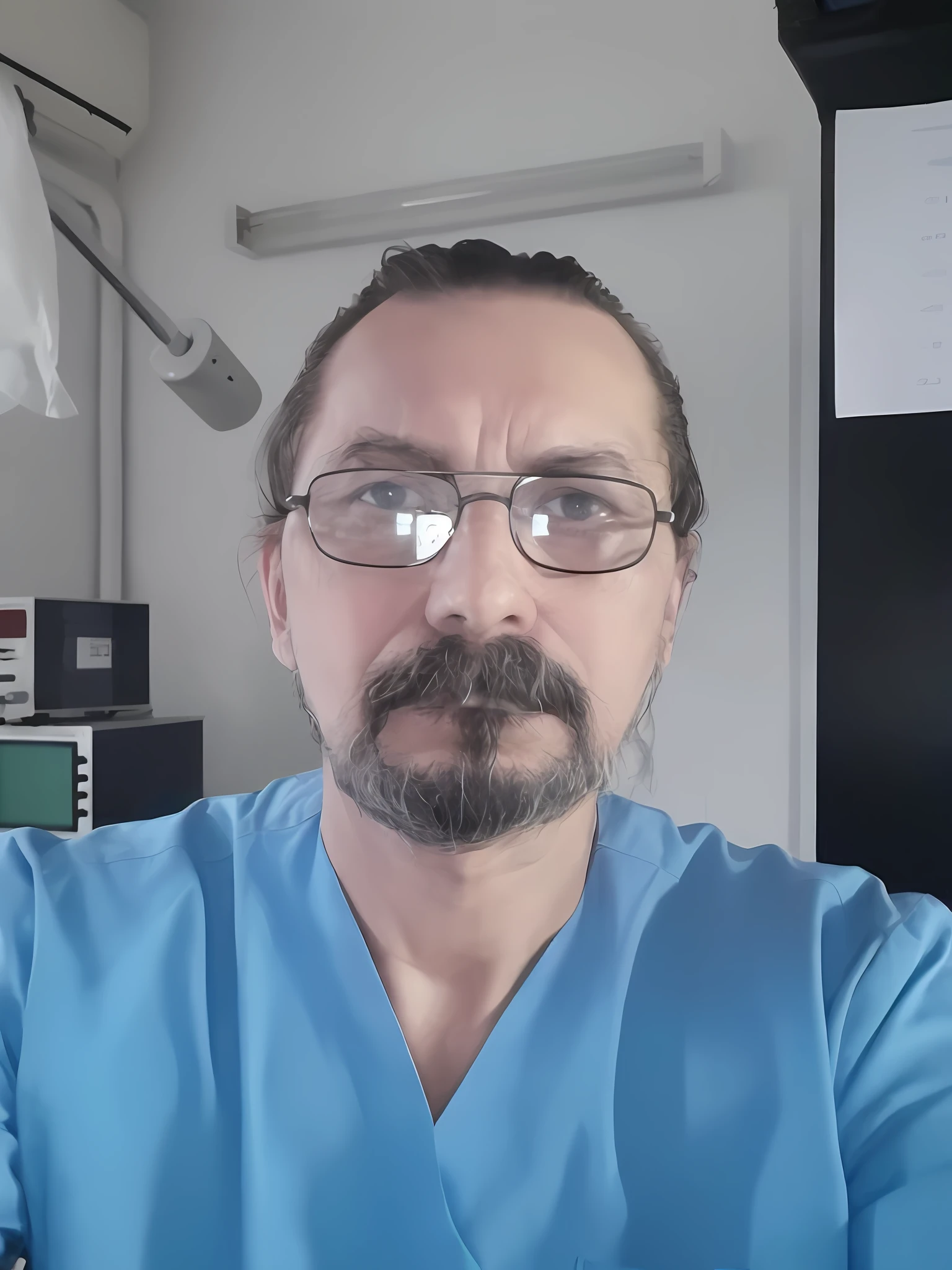 arafed man in a blue scrub suit and glasses in a room, mednyanszky laszlo, radoslav svrzikapa, ástor alexander, zdislav beksinsk, zdzislaw beksinsk, andrei riabovitchevy, cristi balanescu, vsevolod ivanov