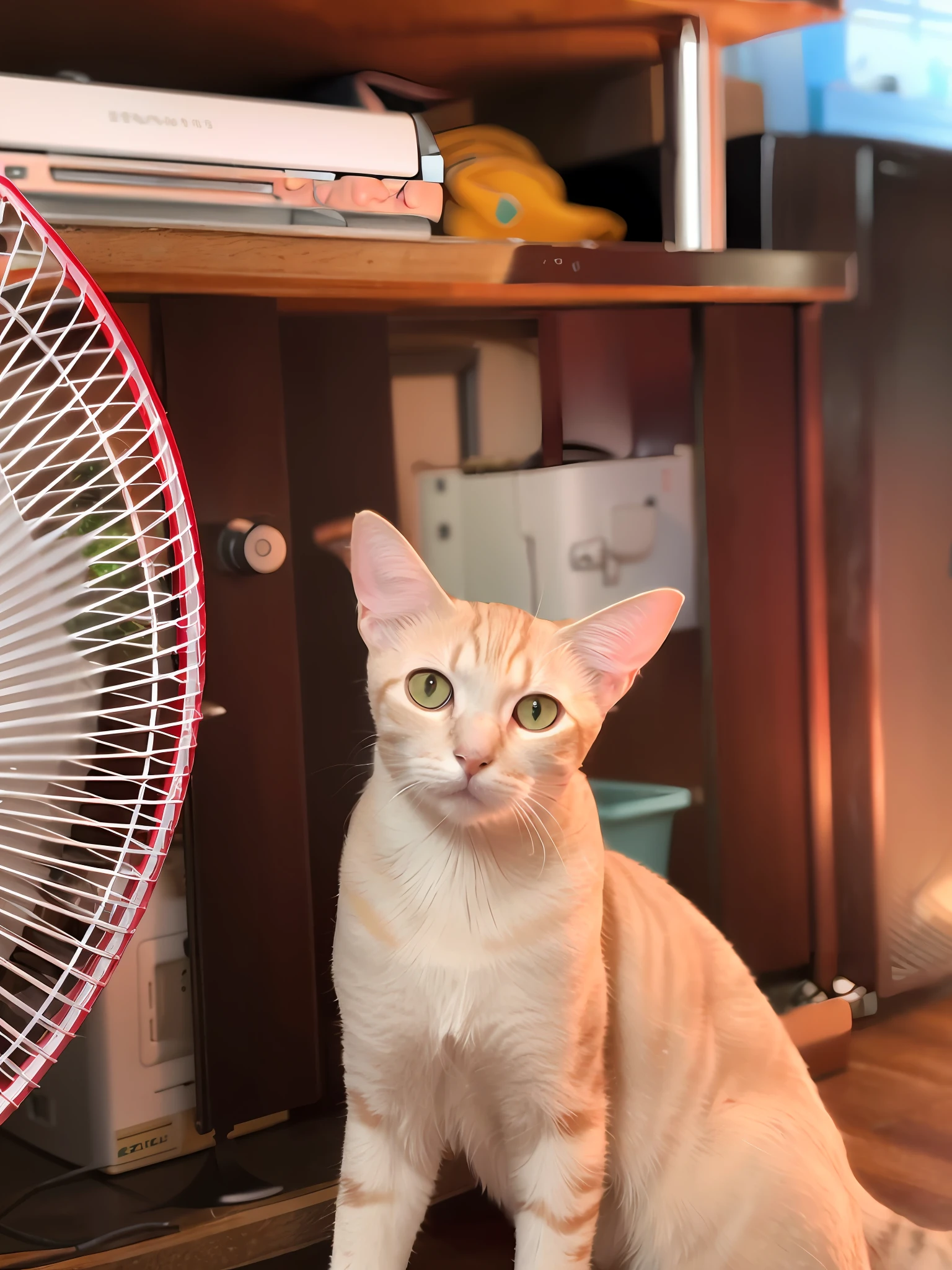 there is a cat sitting in front of a fan on the floor, taken with sony alpha 9, taken with canon 8 0 d, photo taken with sony a7r, orange halo around her head, taken with canon eos 5 d mark iv, captured on canon eos r 6, cat photo, a handsome, photo taken with nikon d750