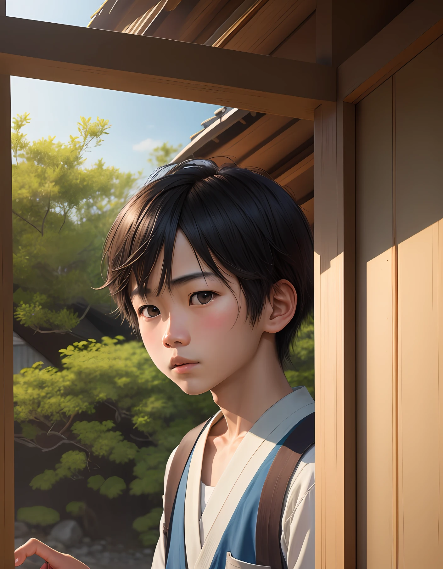 realistic photos of 1 Japanese boy, at the hut, 8K high resolution, sharp, realistic details, masterpiece