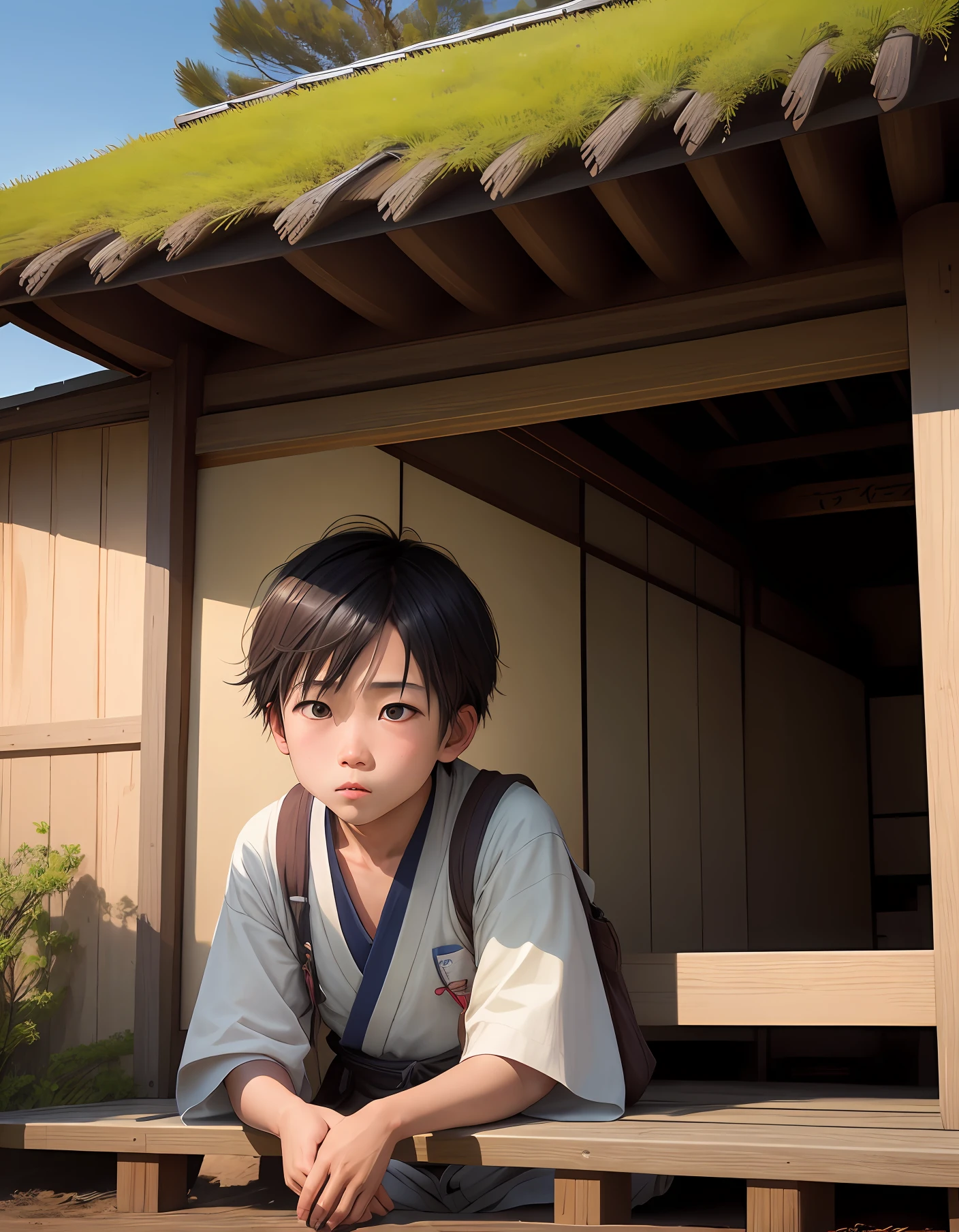 realistic photos of 1 Japanese boy, at the hut, 8K high resolution, sharp, realistic details, masterpiece